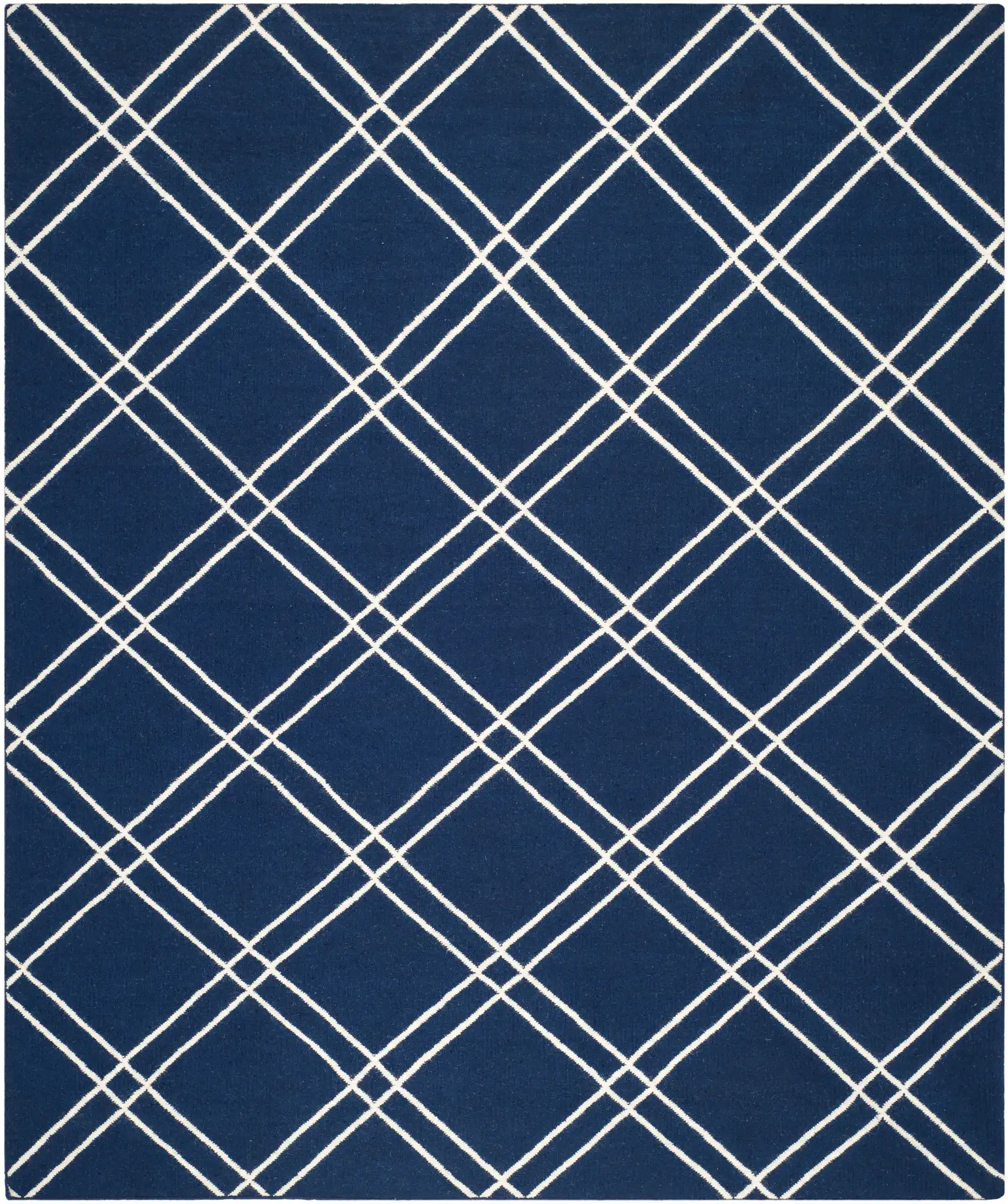 Dhurries Double Diamond Hand-Woven Wool Rug in Navy / Ivory