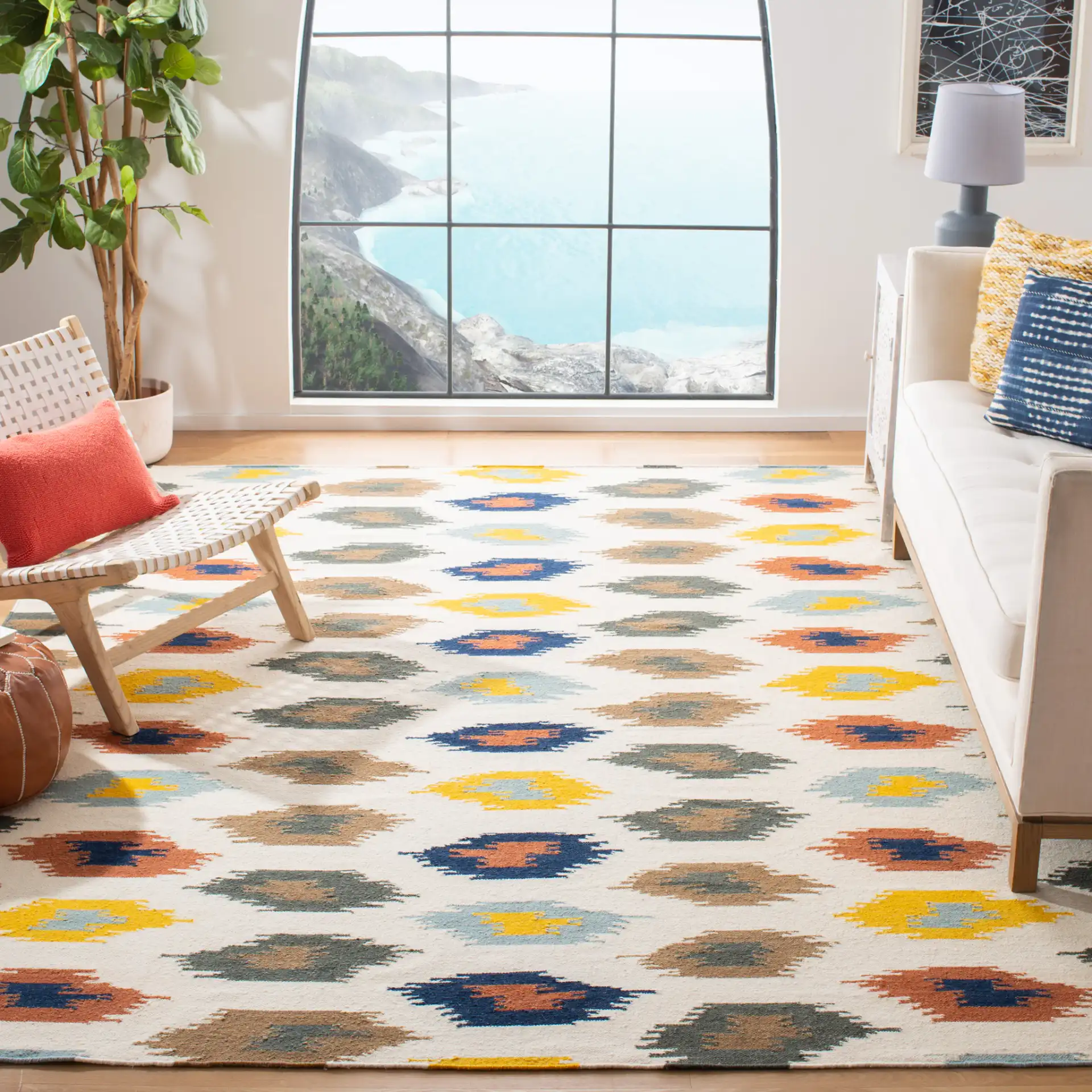 Dhurries Ikat Diamond Hand-Woven Wool Rug in Ivory / Multicolor in a styled room