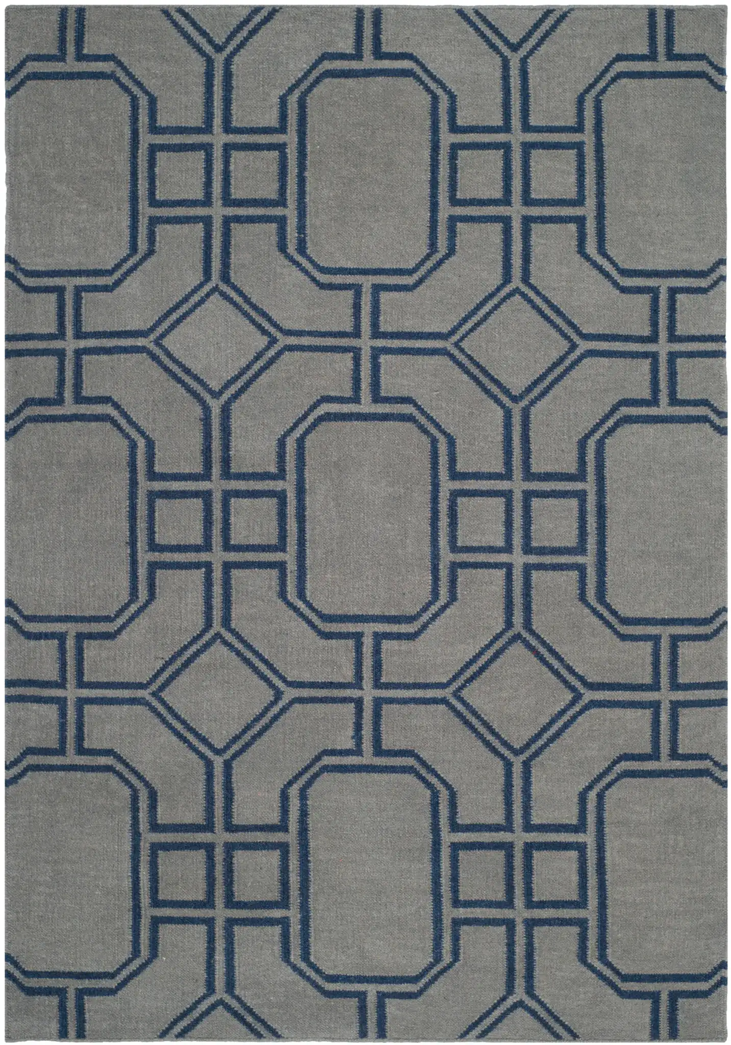 Dhurries Octagon Trellis Hand-Woven Wool Rug in Gray / Dark Blue