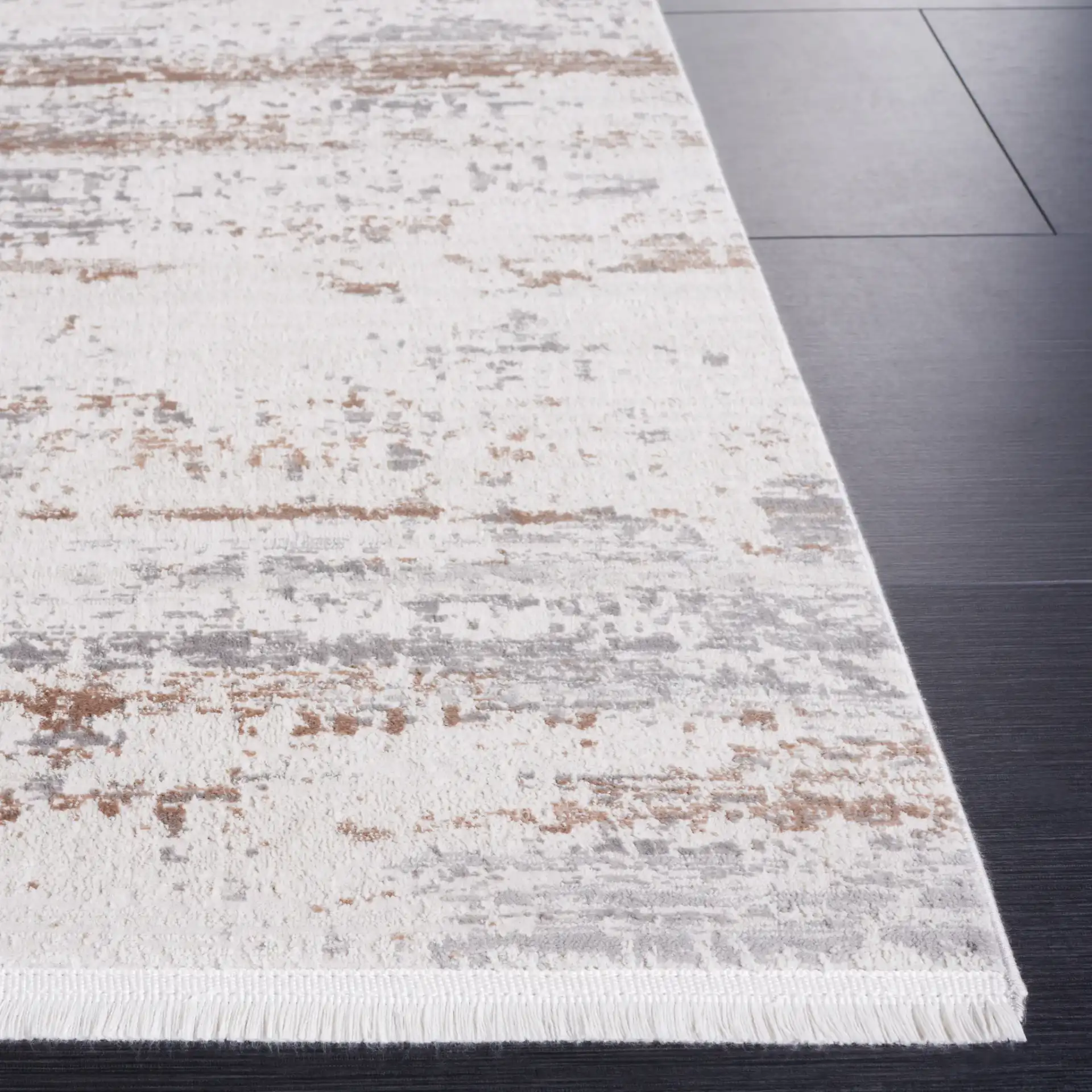 Diamond Striated Abstract Rug in Beige / Gray Brown in a styled room