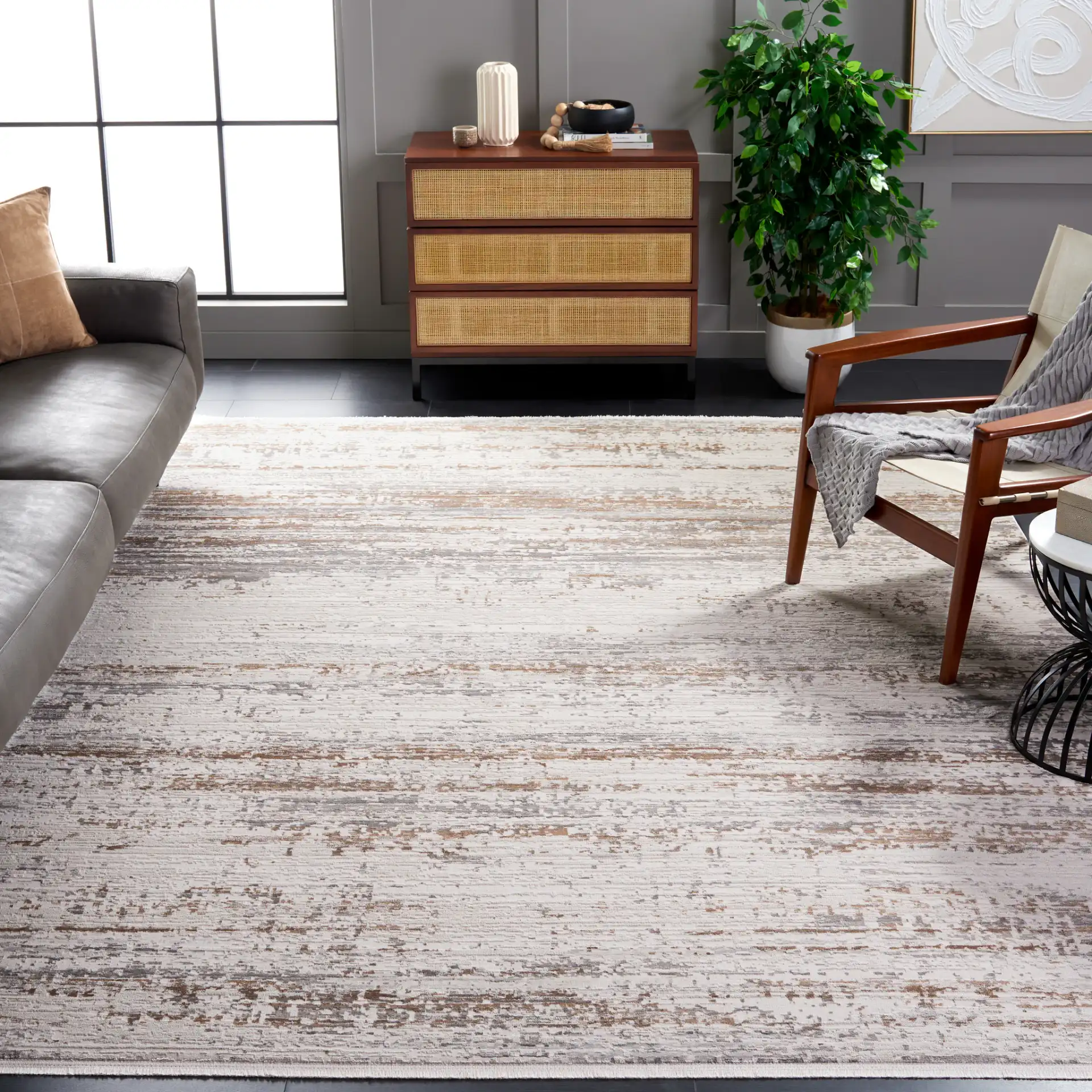 Diamond Striated Abstract Rug in Beige / Gray Brown in a styled room
