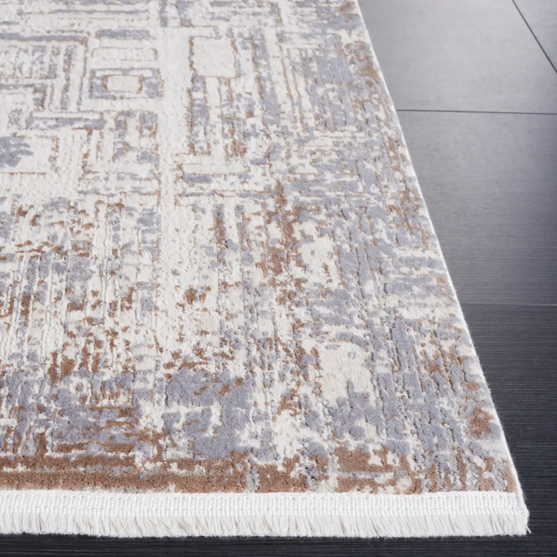 Diamond Linear Grid Rug in Beige / Gray Brown in a styled room