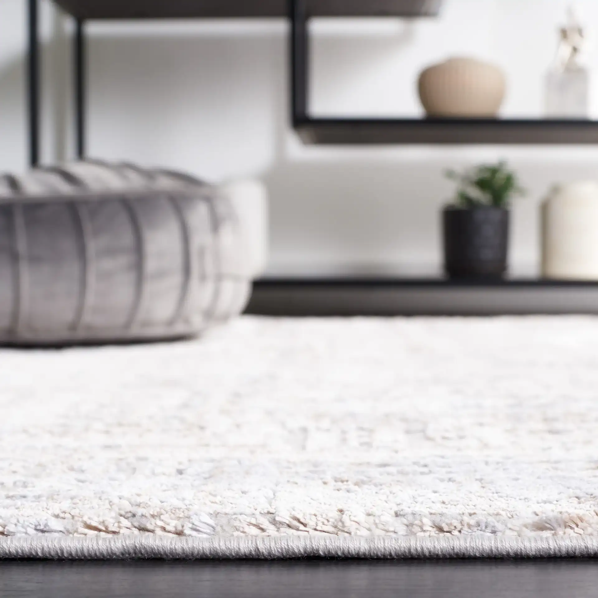 Diamond Linear Grid Rug in Beige / Gray Brown in a styled room