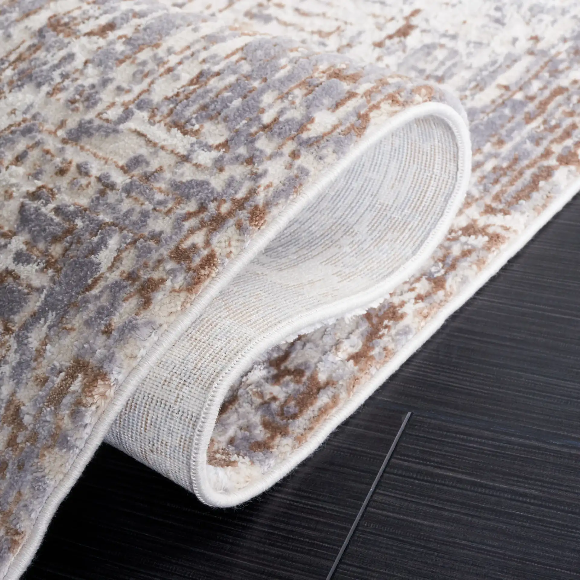 Diamond Linear Grid Rug in Beige / Gray Brown in a styled room