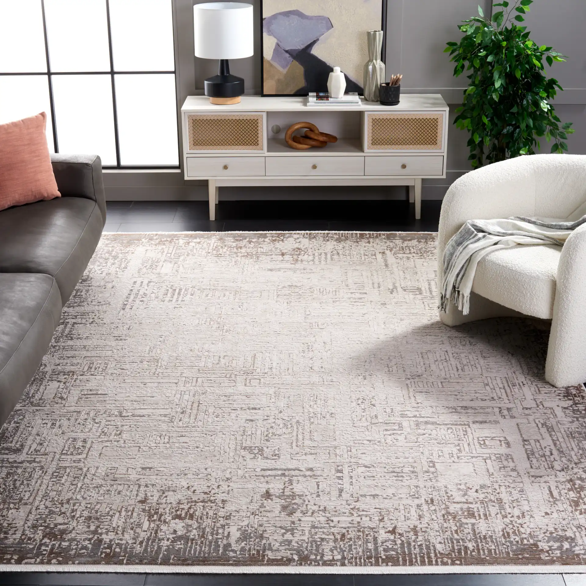 Diamond Linear Grid Rug in Beige / Gray Brown in a styled room