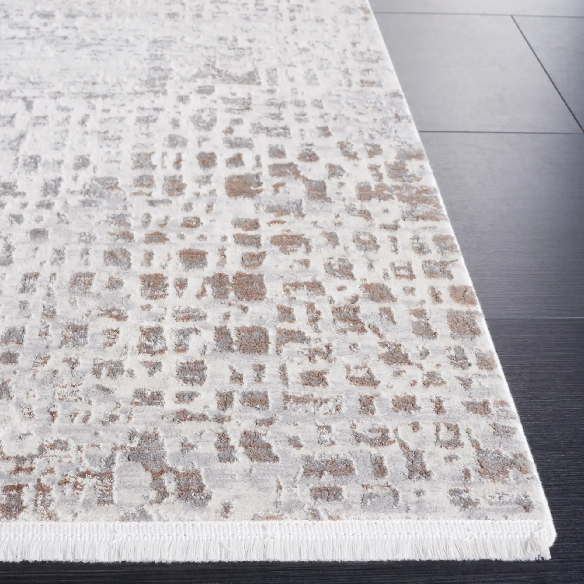 Diamond Distressed Grid Rug in Beige / Gray in a styled room