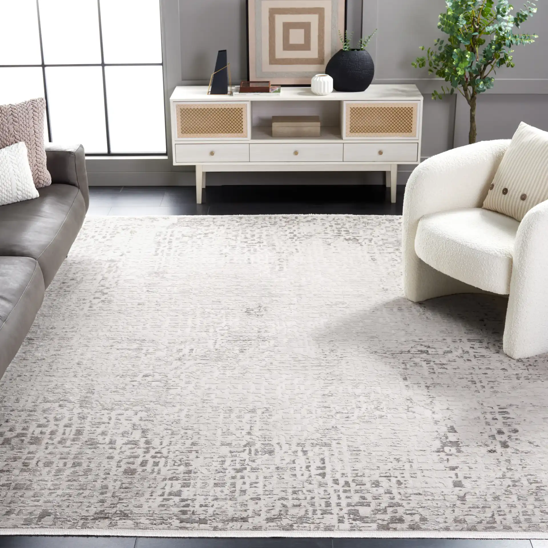 Diamond Distressed Grid Rug in Beige / Gray in a styled room