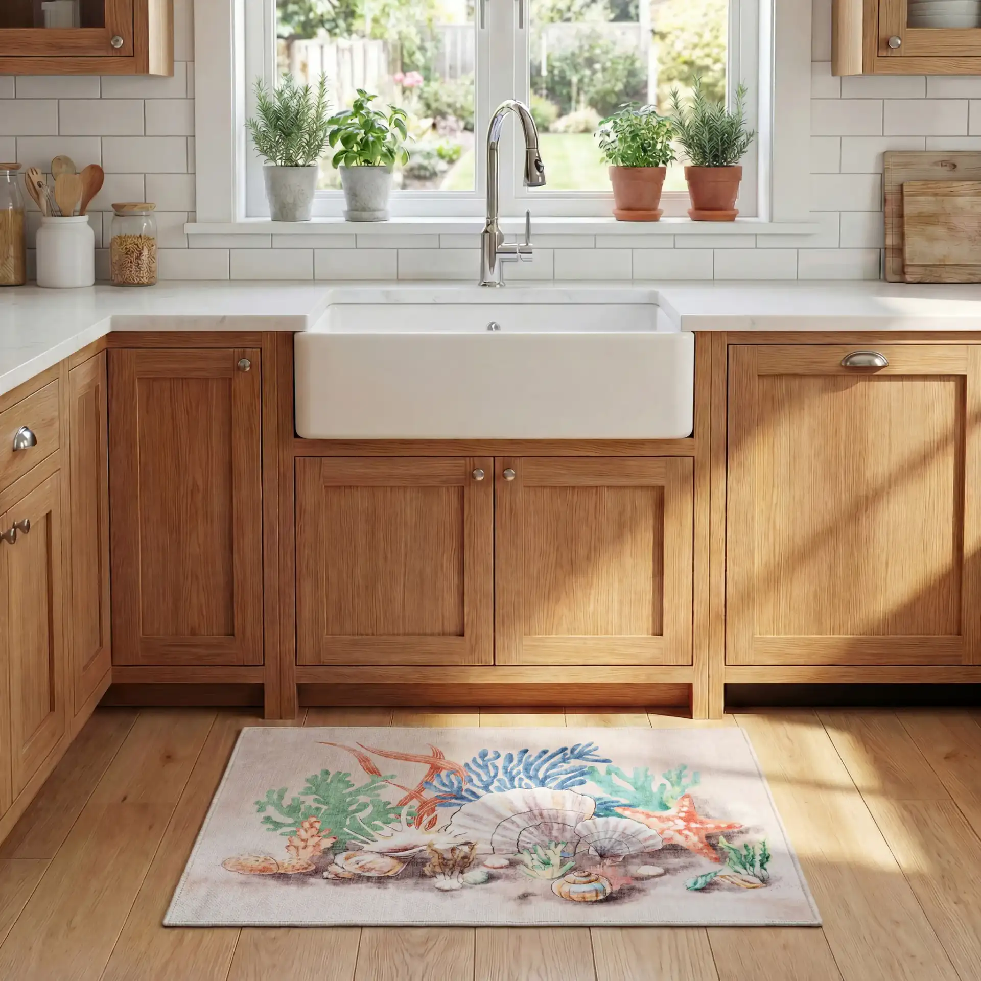 Seashell Washable Door & Kitchen Mat in Peach / Green in a styled room
