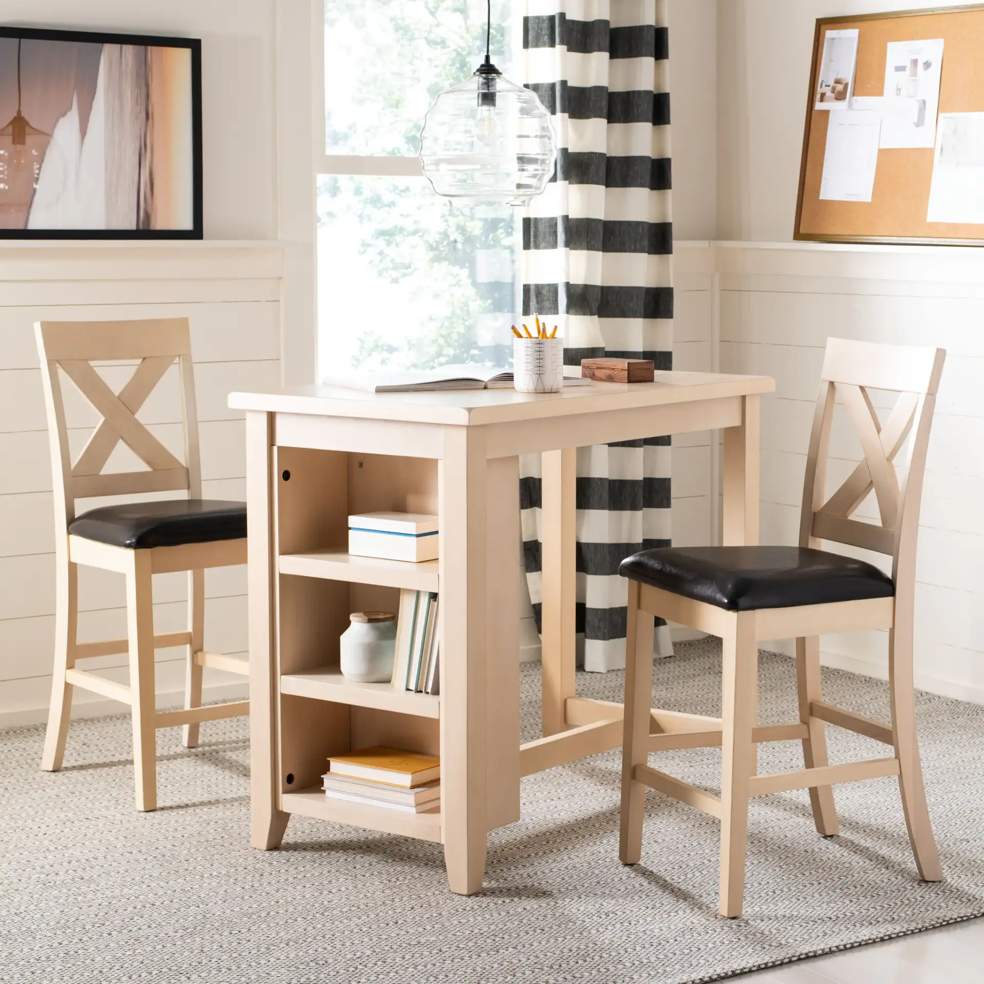 Everest Three-Piece Pub Set in White Washed in a styled room