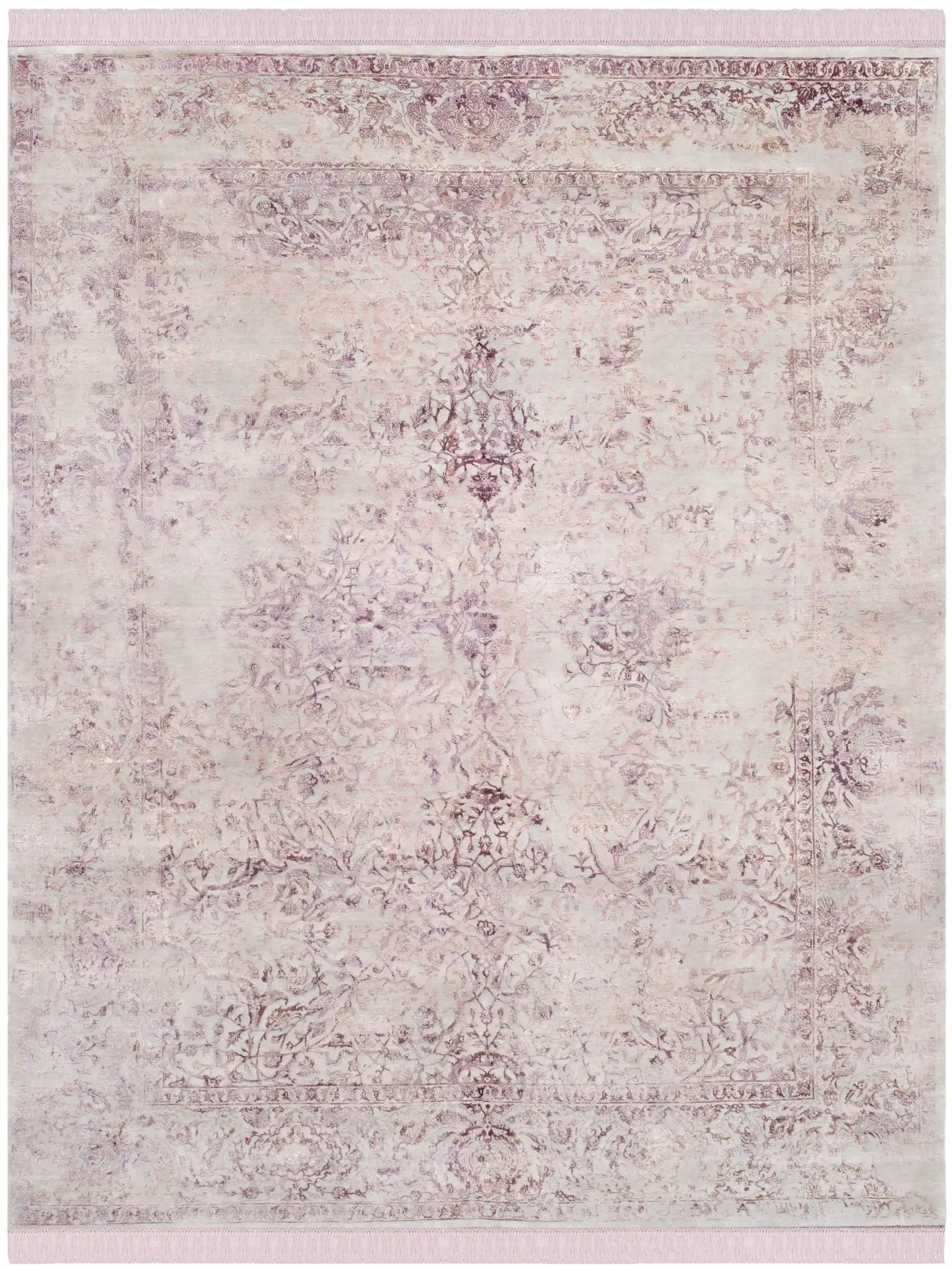 Dream Distressed Botanical Border Hand-Knotted Rug in Dream Distressed Botanical Border Hand-Knotted Rug