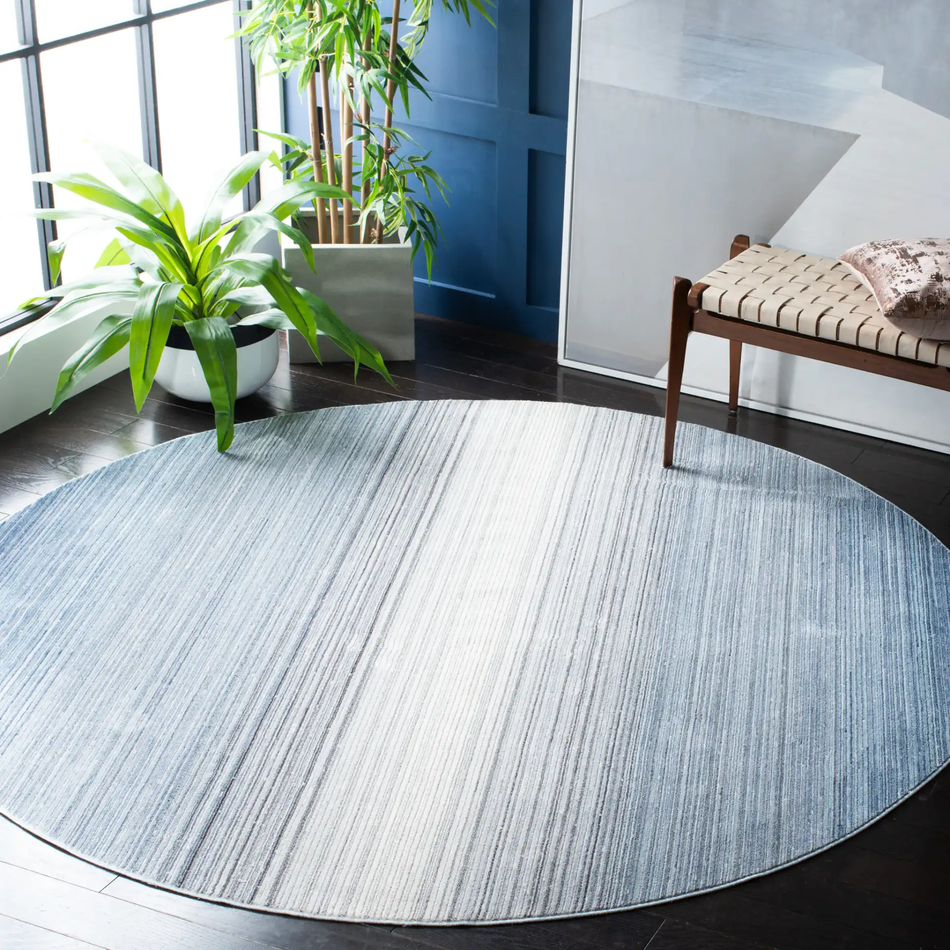 Dream Ombre Stripe Rug in Blue / Ivory in a styled room