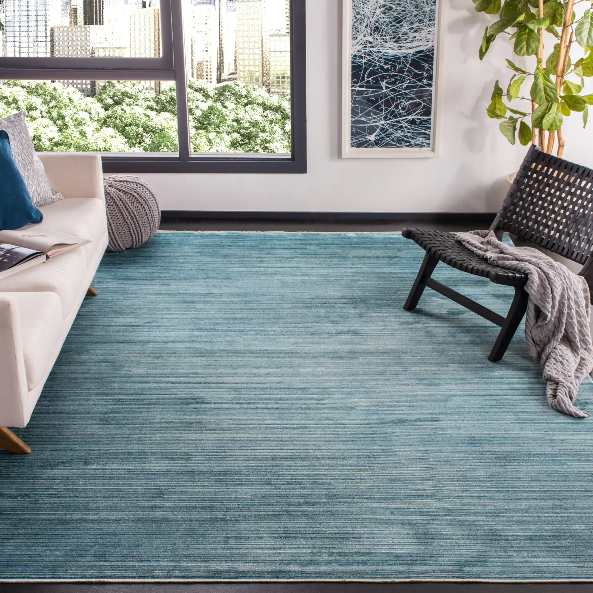 Dream Linear Stripe Rug in Blue / Gray in a styled room