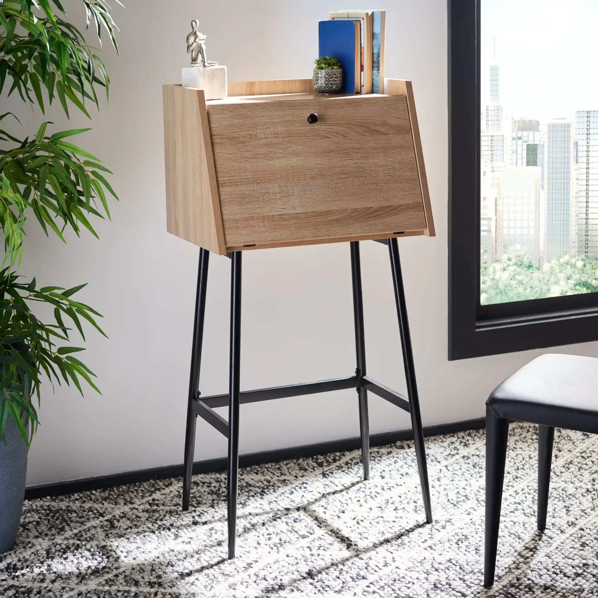 Xander Modern Secretary Desk in Natural / Black in a styled room