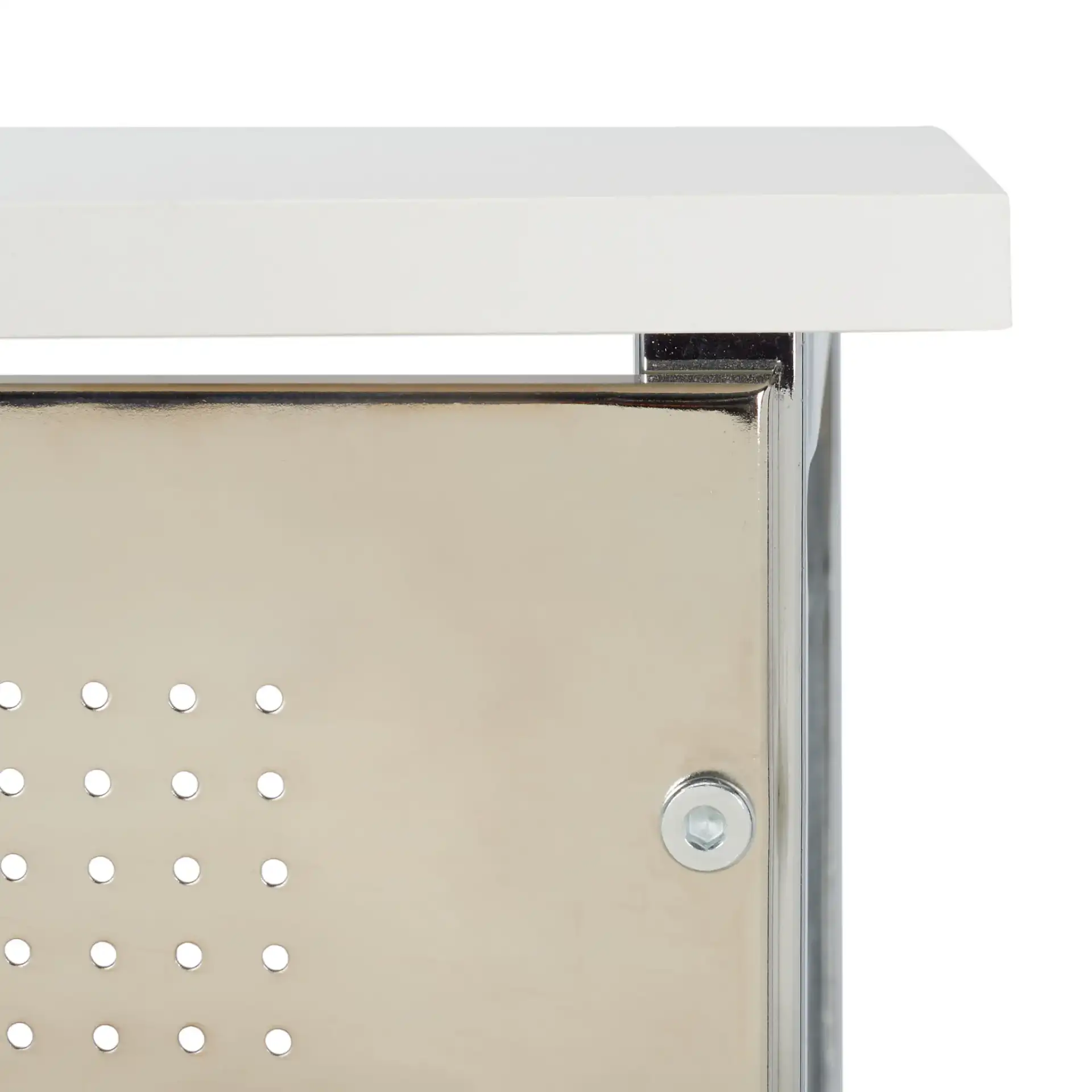 Hayden Three-Shelf Standing Desk in White / Chrome in a styled room