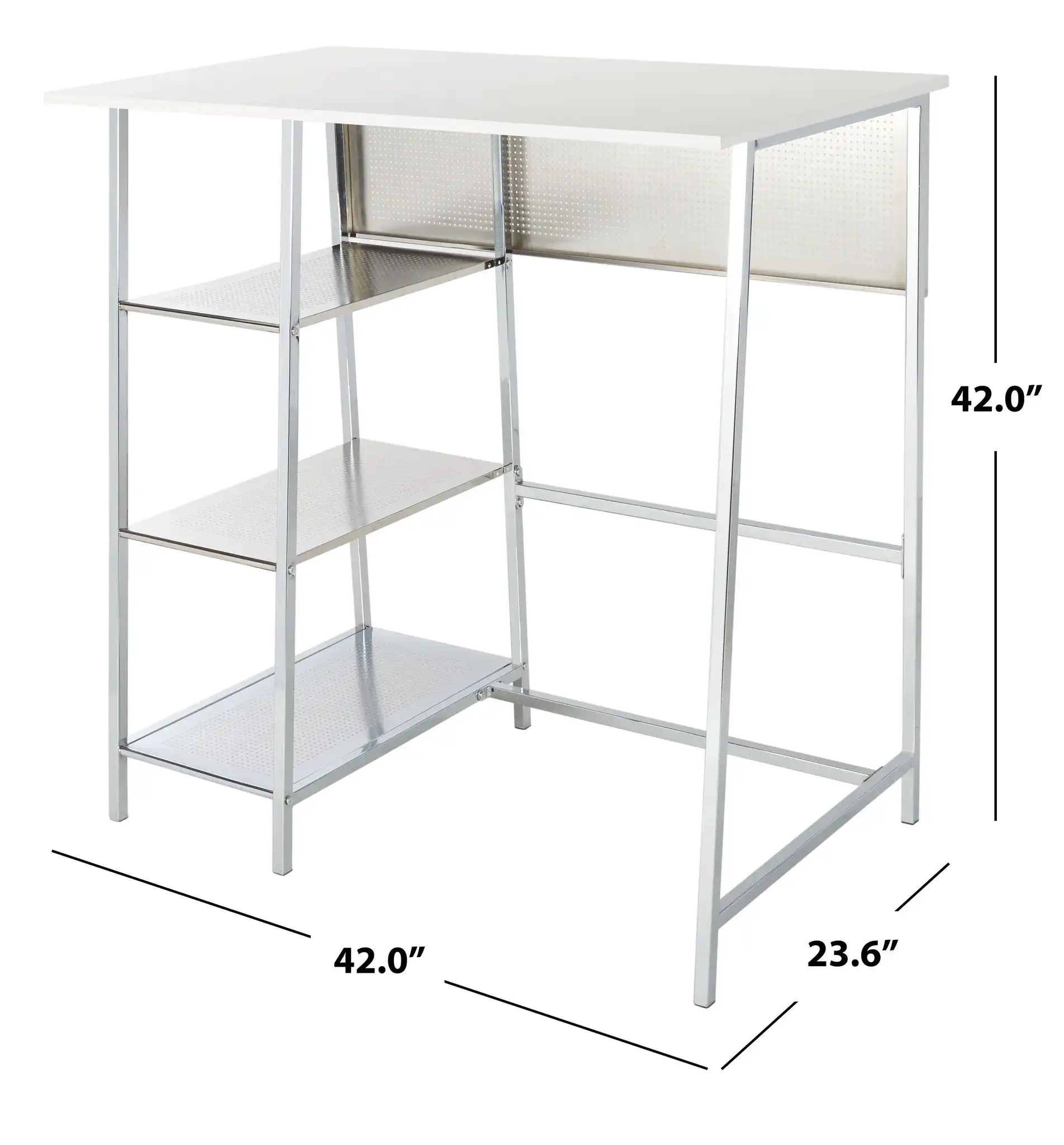 Hayden Three-Shelf Standing Desk in White / Chrome, detail view