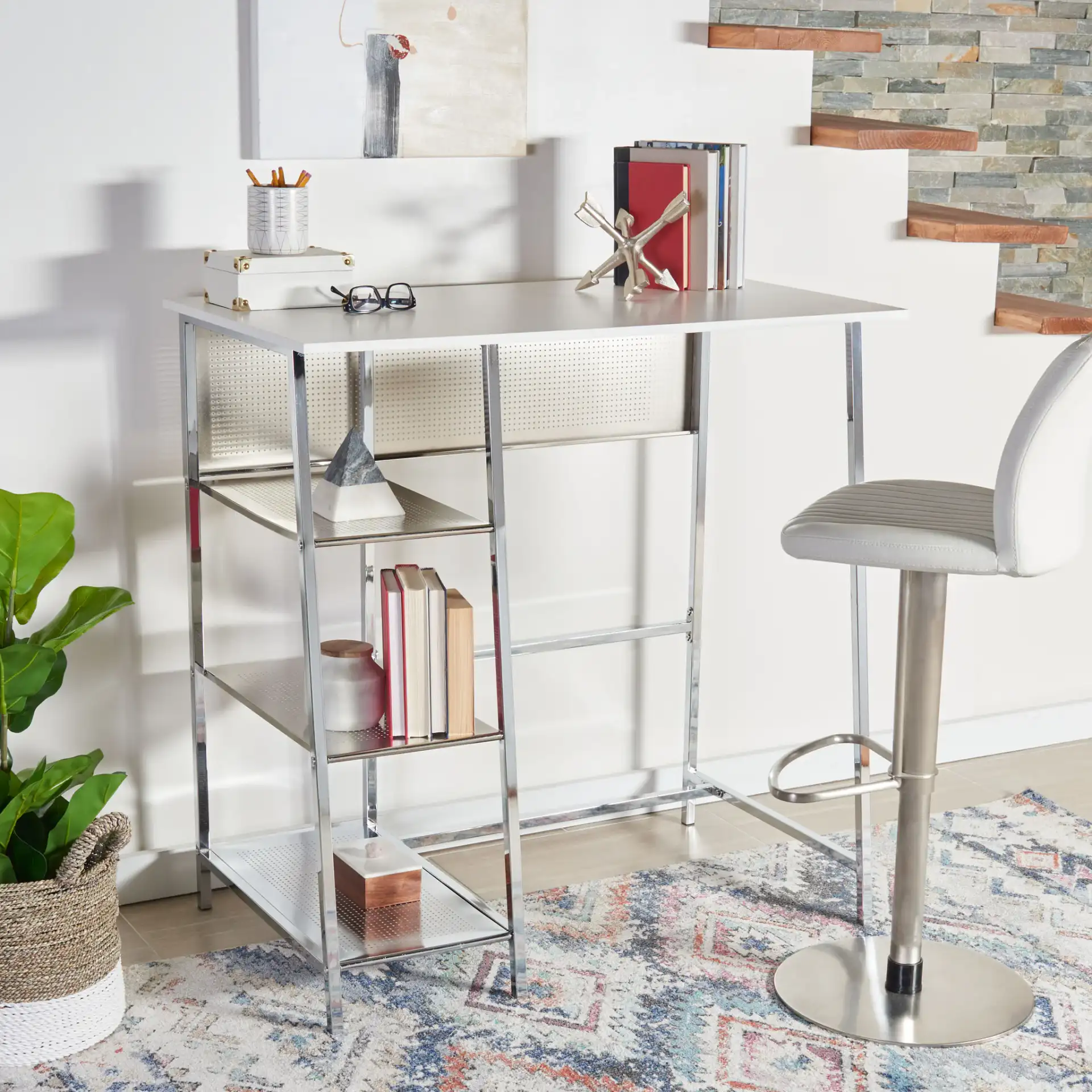 Hayden Three-Shelf Standing Desk in White / Chrome in a styled room