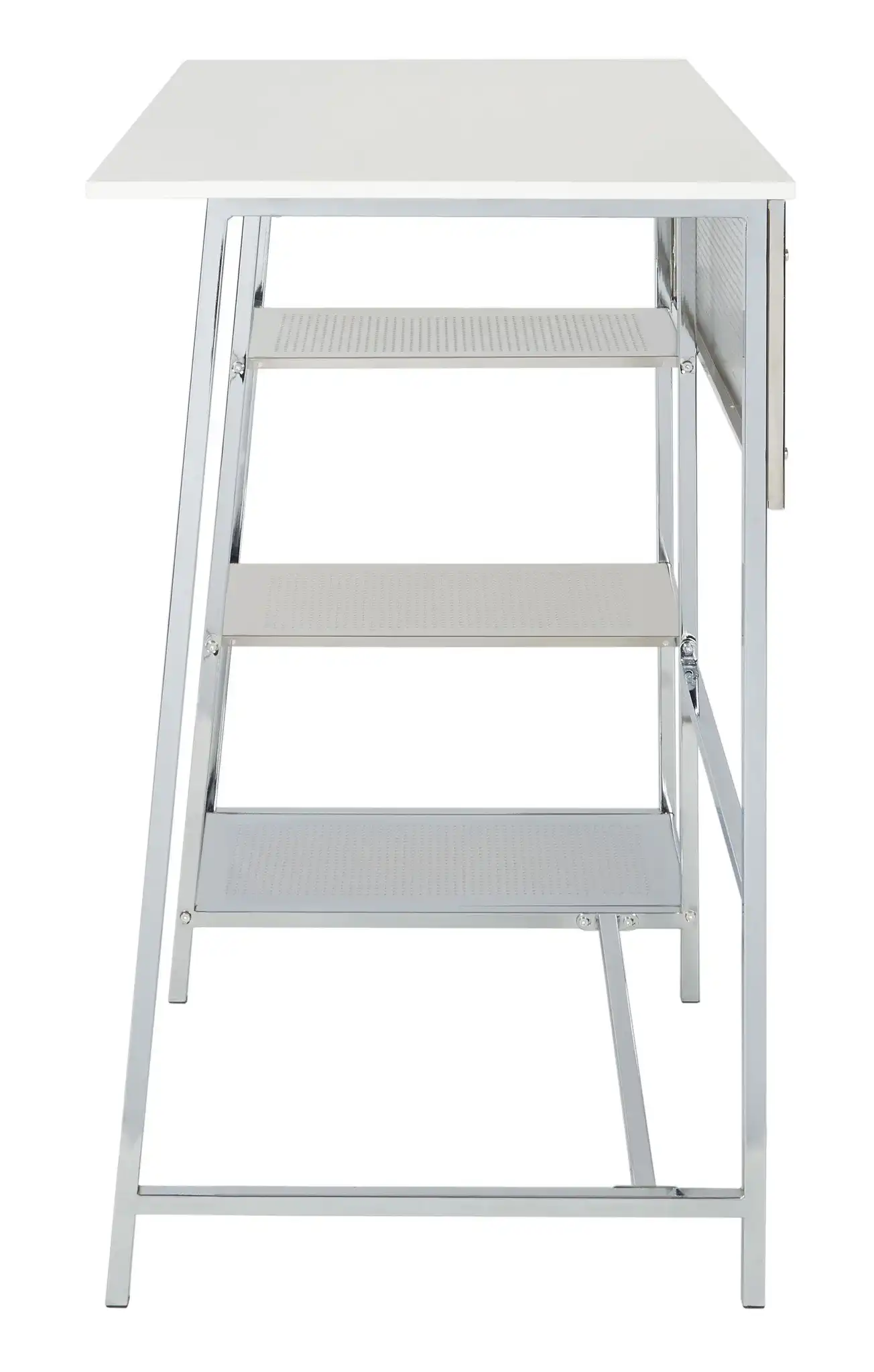 Hayden Three-Shelf Standing Desk in White / Chrome, detail view