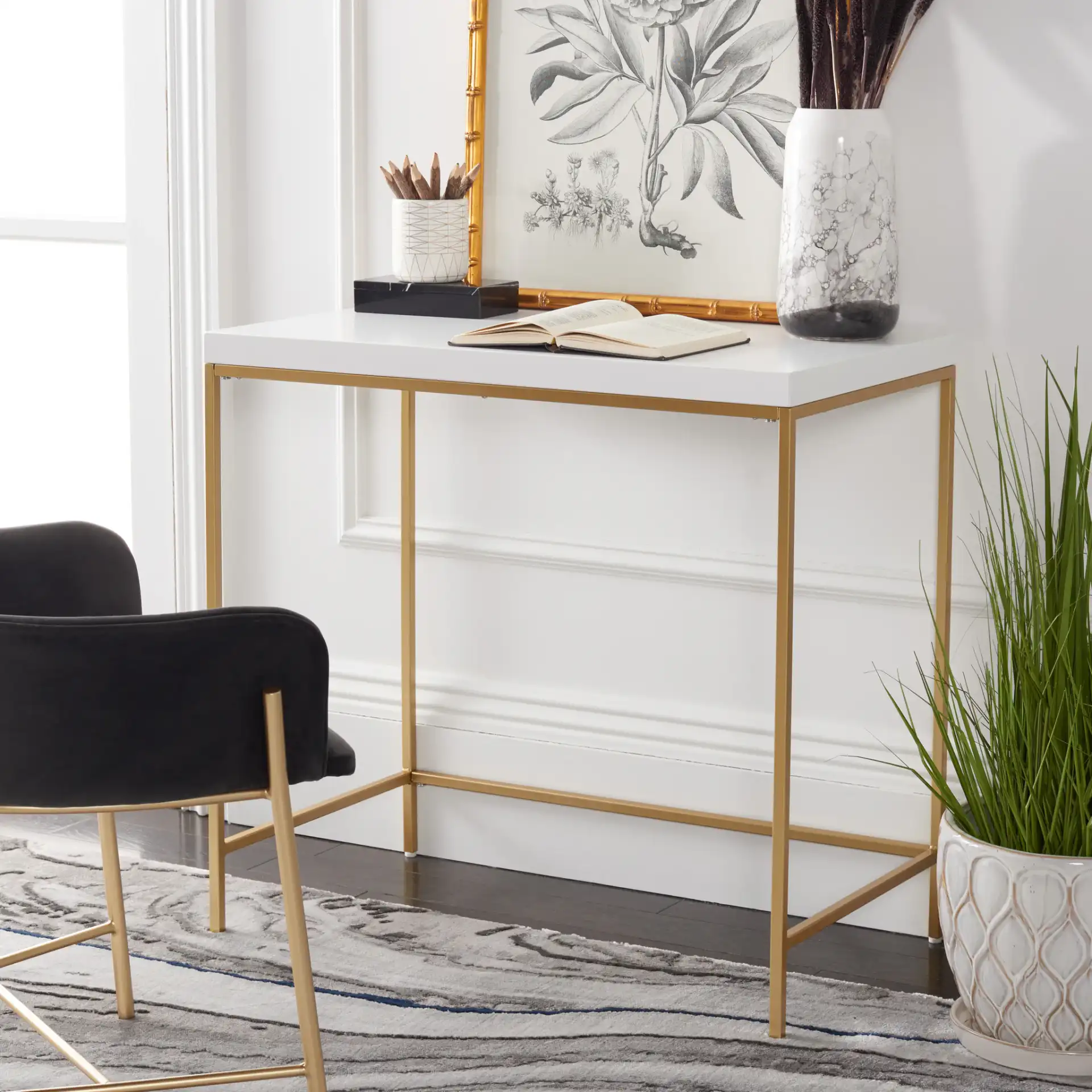 Cass Desk in White / Gold in a styled room