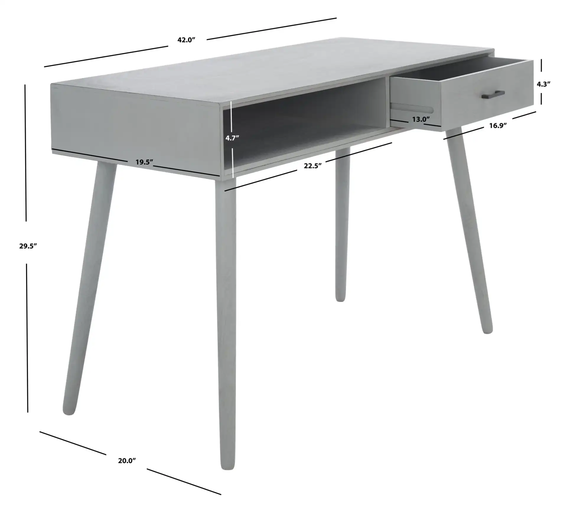 Remy One-Drawer Writing Desk in Distressed Gray, detail view