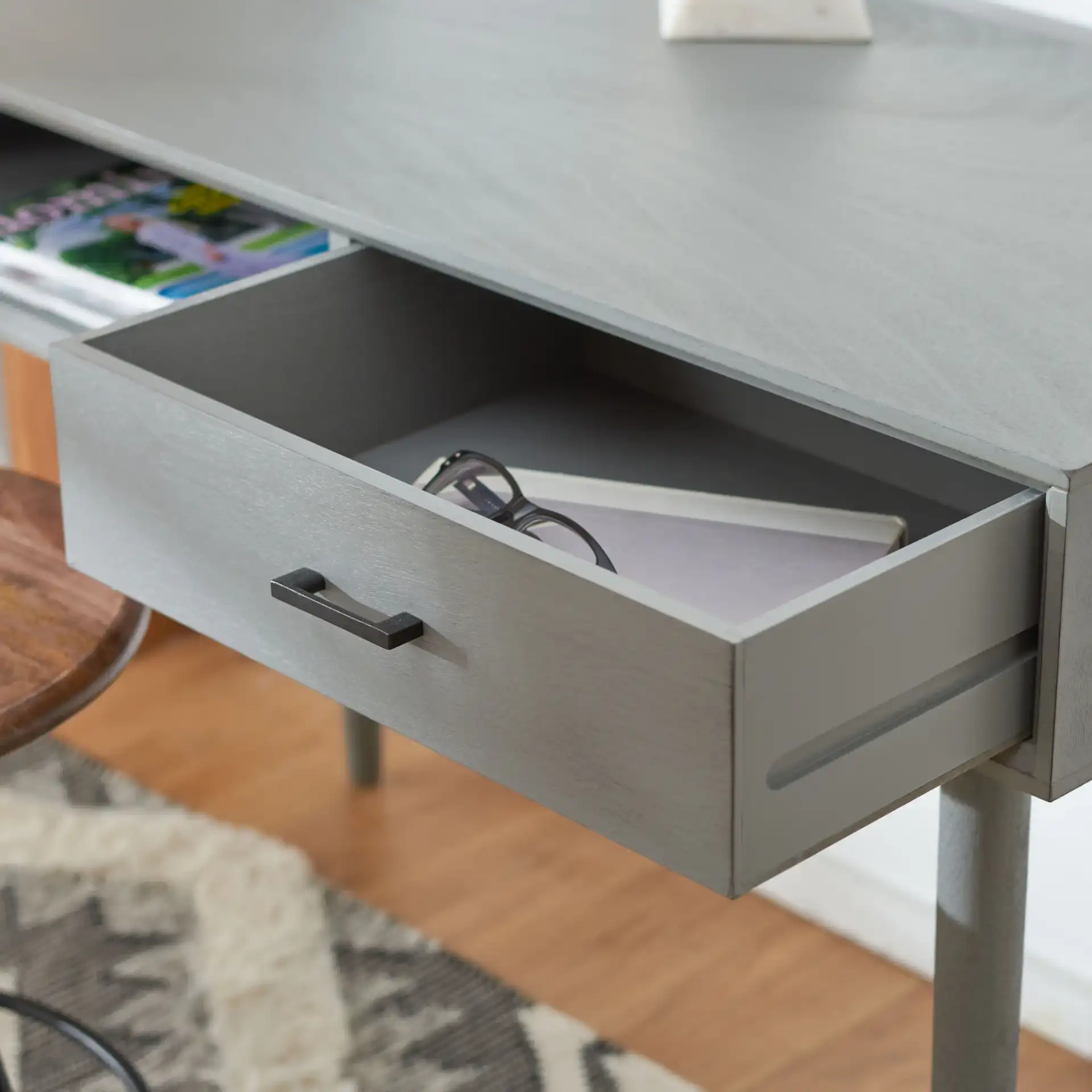 Remy One-Drawer Writing Desk in Distressed Gray, detail view