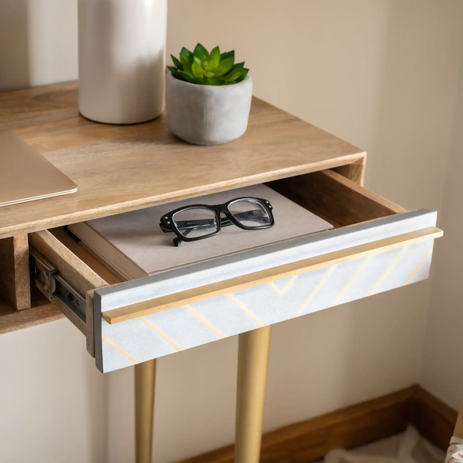Leni Desk in Natural / Gray Concrete / Brass Legs in a styled room