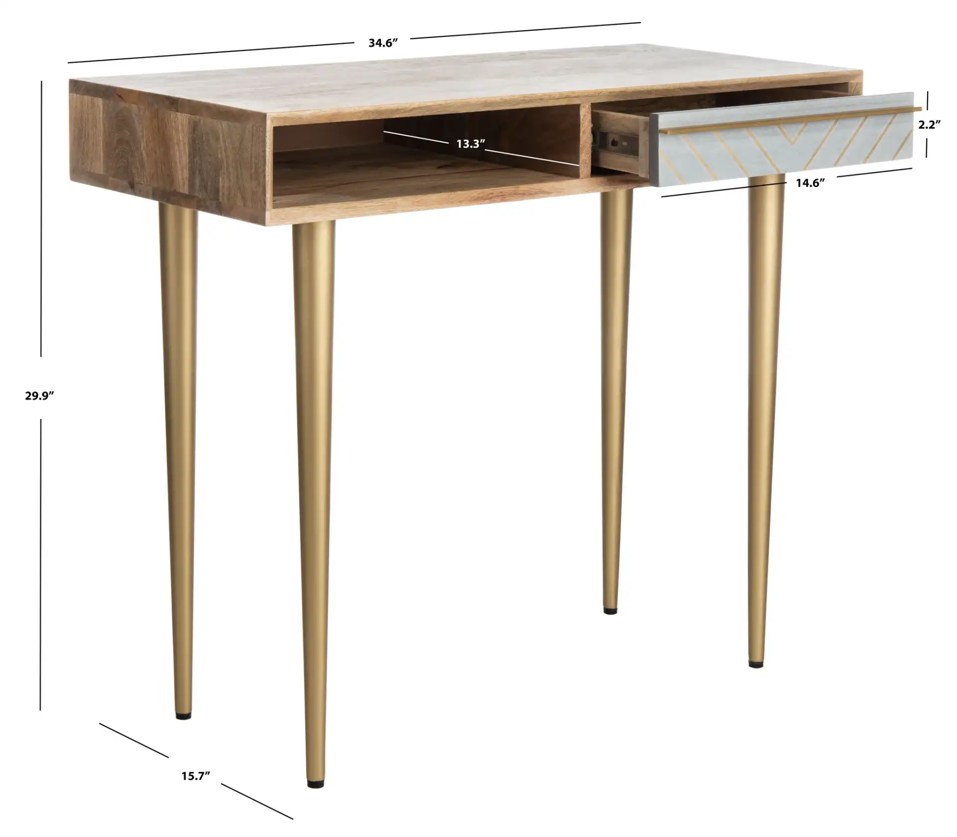 Leni Desk in Natural / Gray Concrete / Brass Legs, detail view