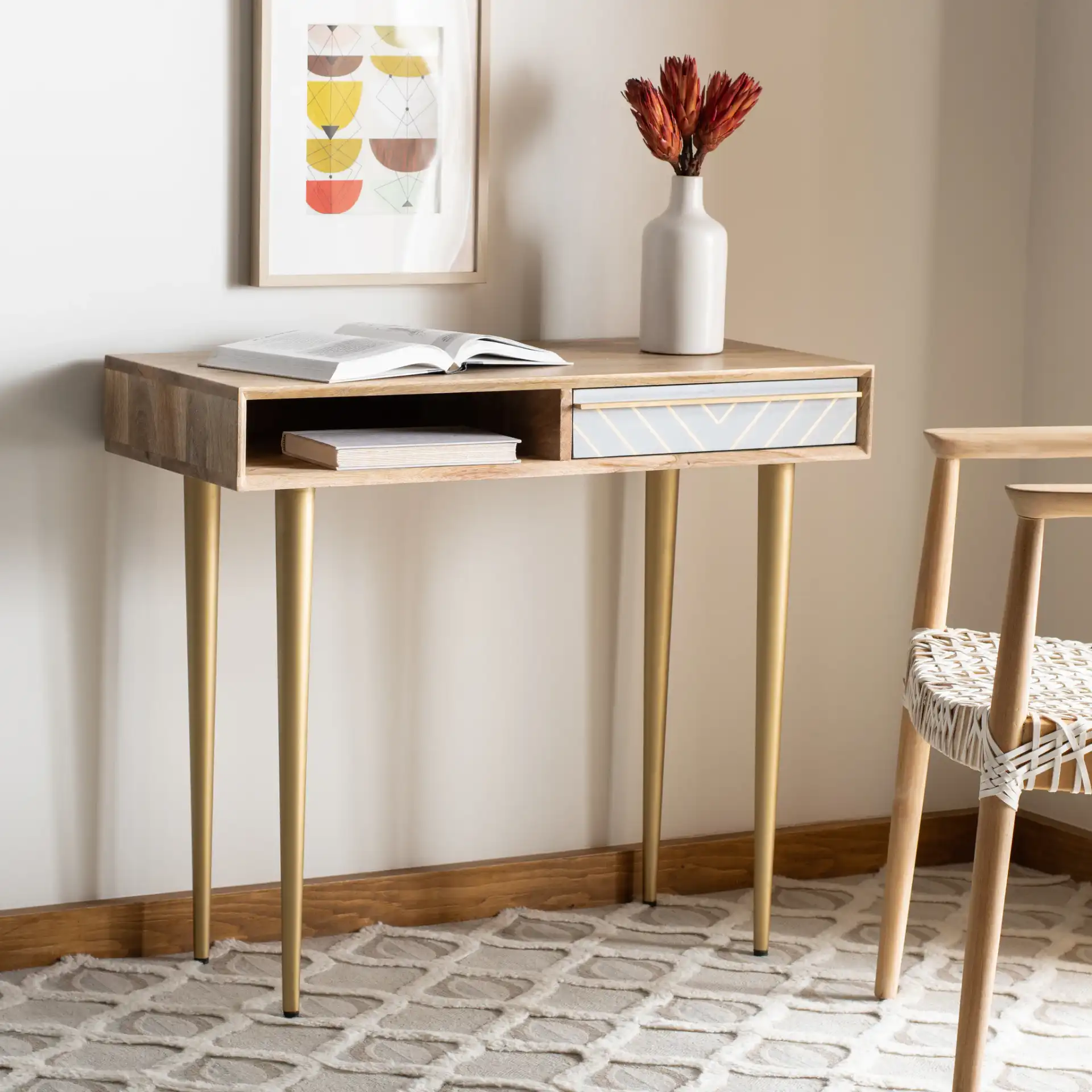 Leni Desk in Natural / Gray Concrete / Brass Legs in a styled room