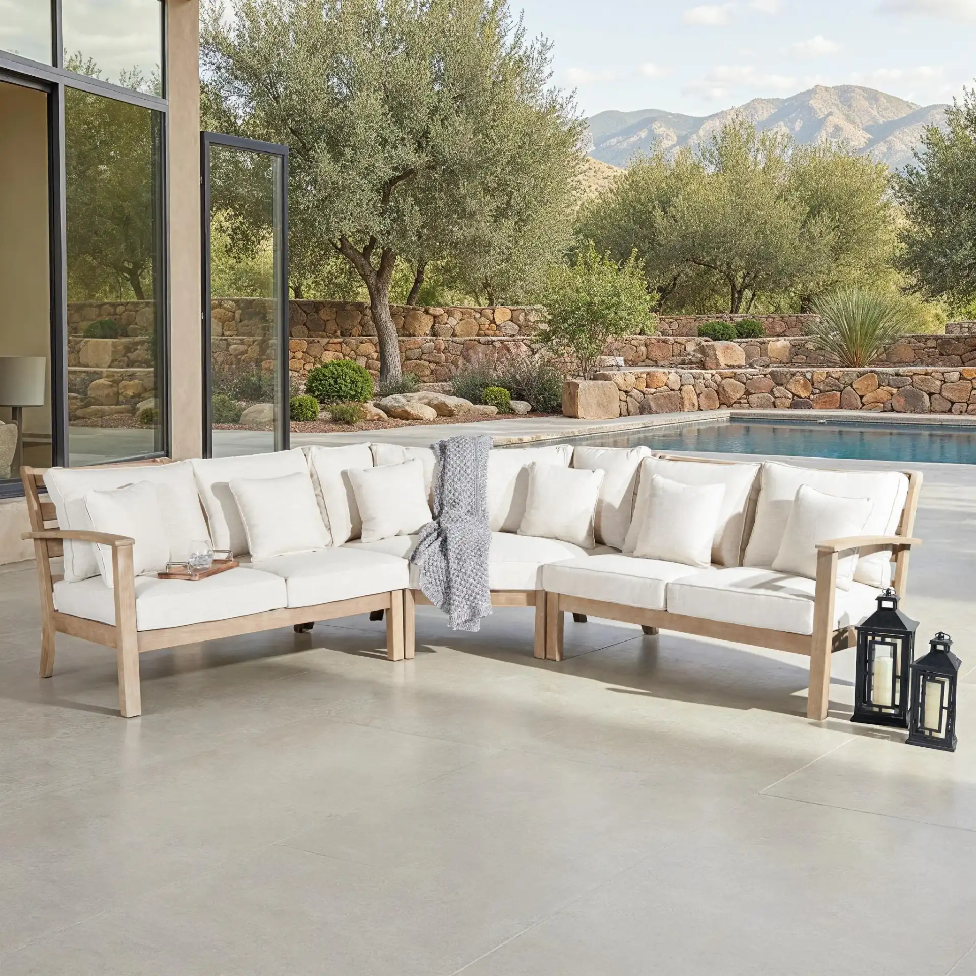 Rosabecca Patio Sectional Sofa in Natural / Beige in a styled room