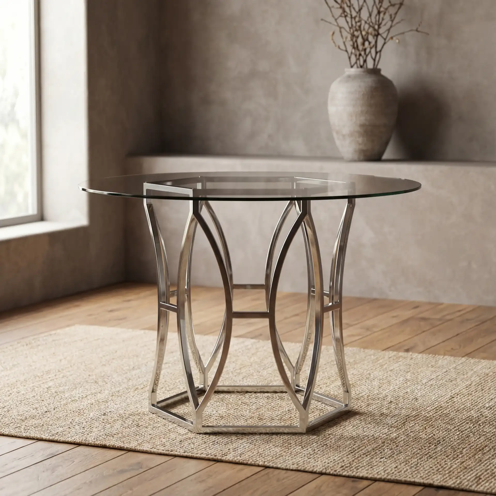 Bethwyn Round Glass Dining Table in Chrome in a styled room