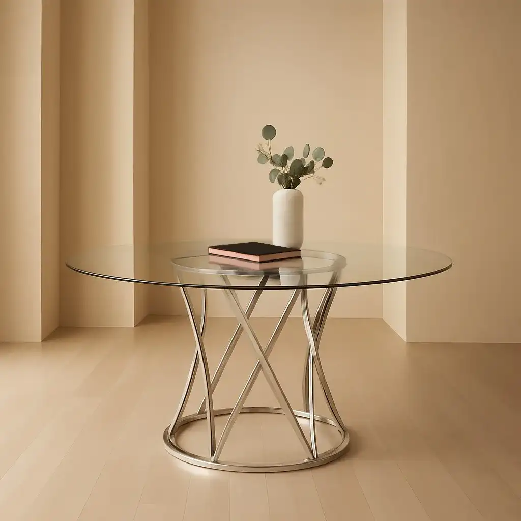 Yuko Round Glass Dining Table in Chrome in a styled room