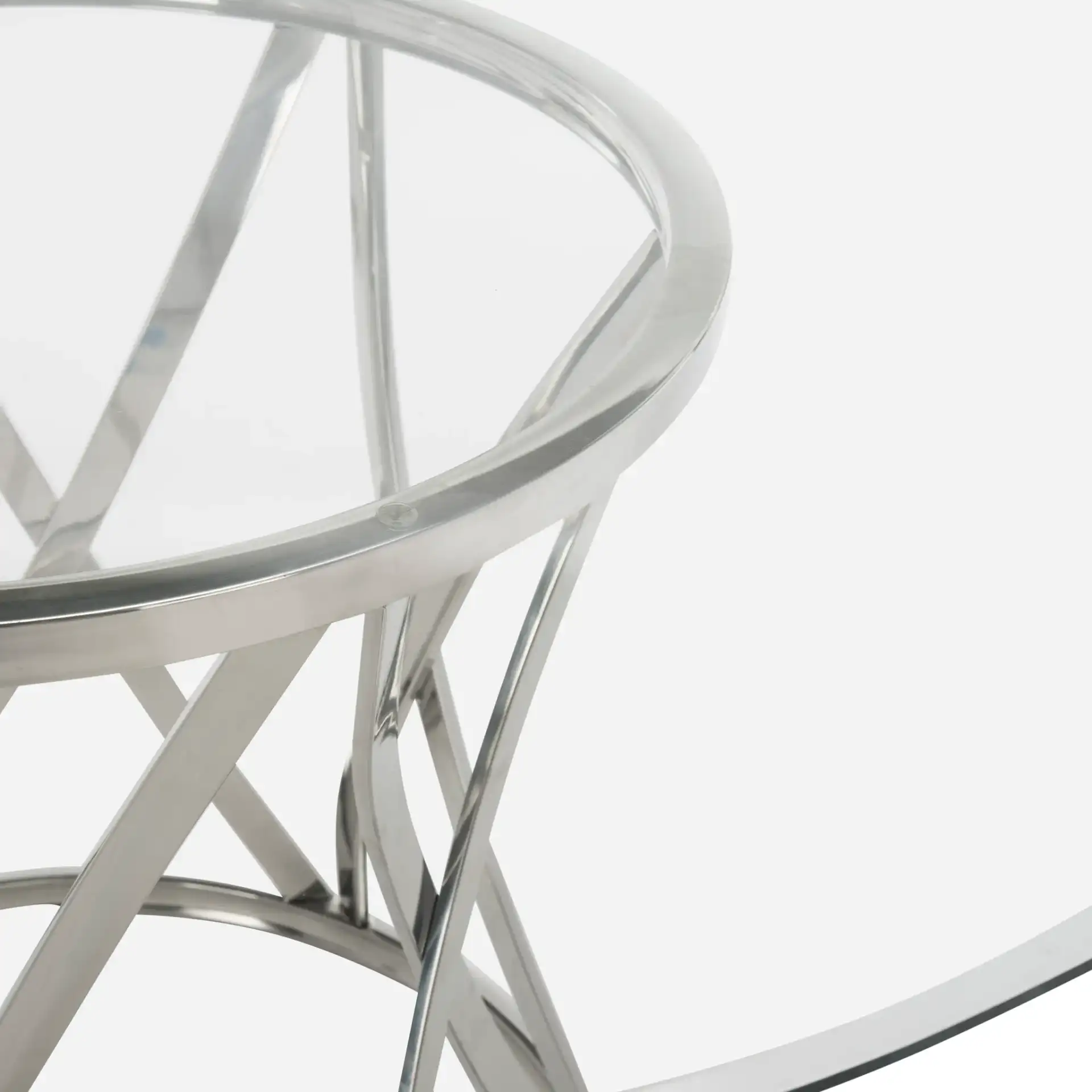 Yuko Round Glass Dining Table in Chrome, detail view
