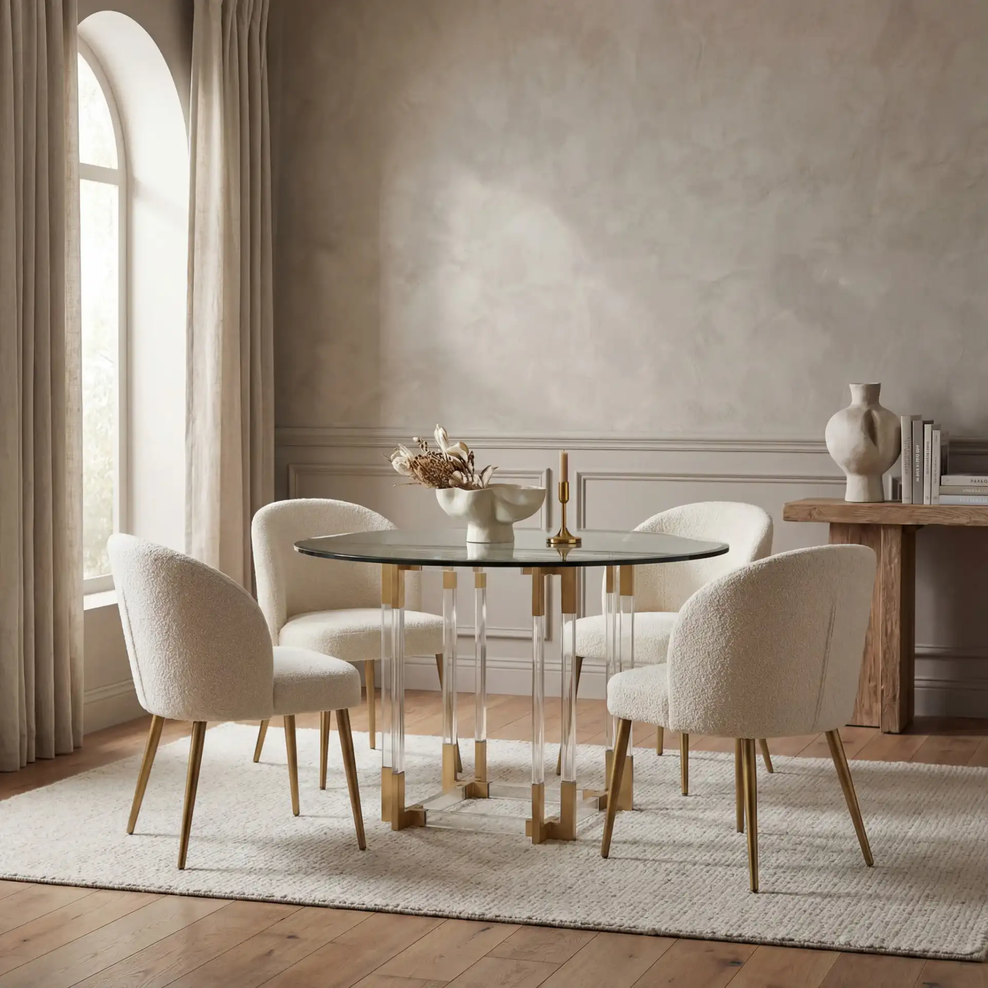 Reiner Round Acrylic Dining Table in Gold / Clear in a styled room