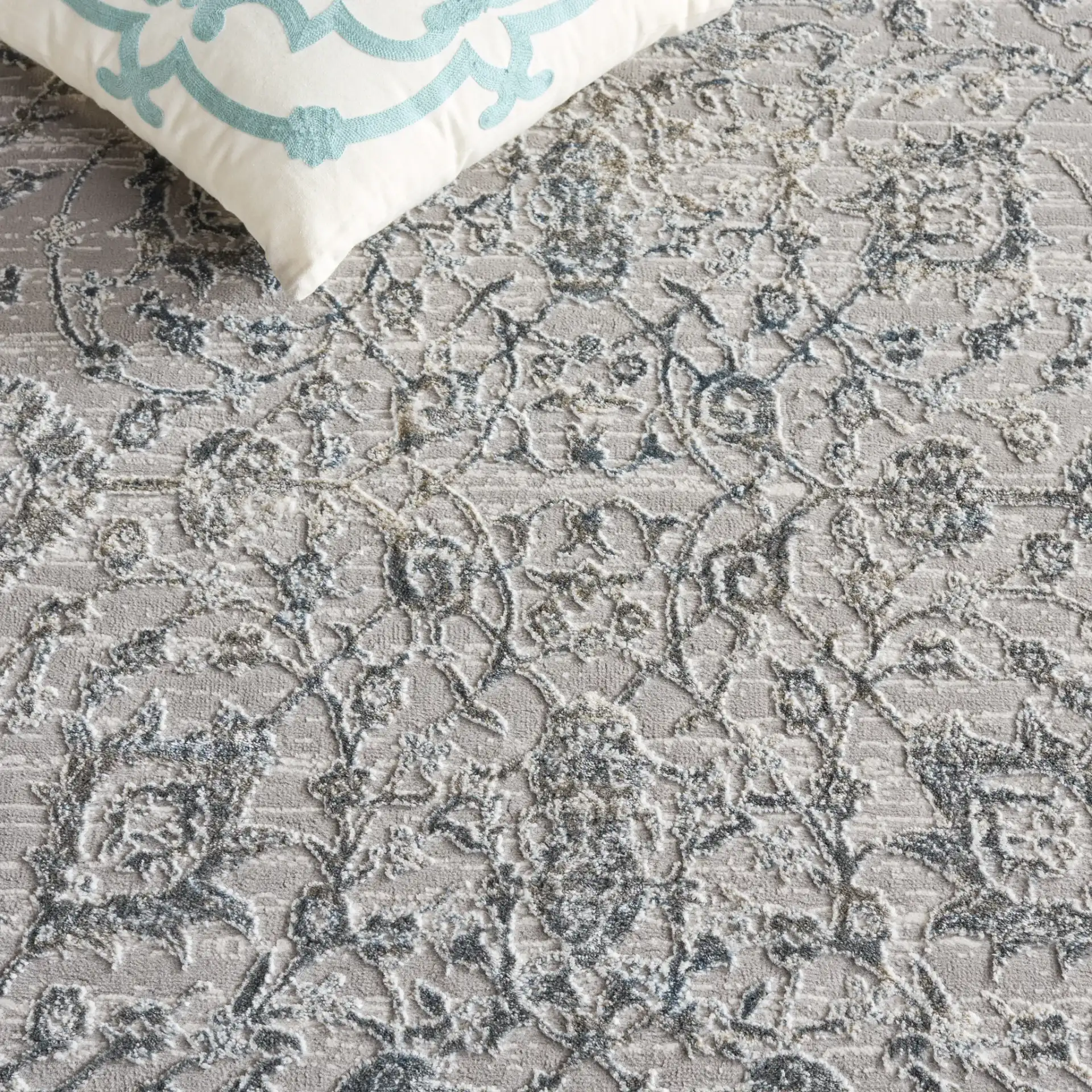 Easton Vintage Persian Rug in Gray / Blue in a styled room