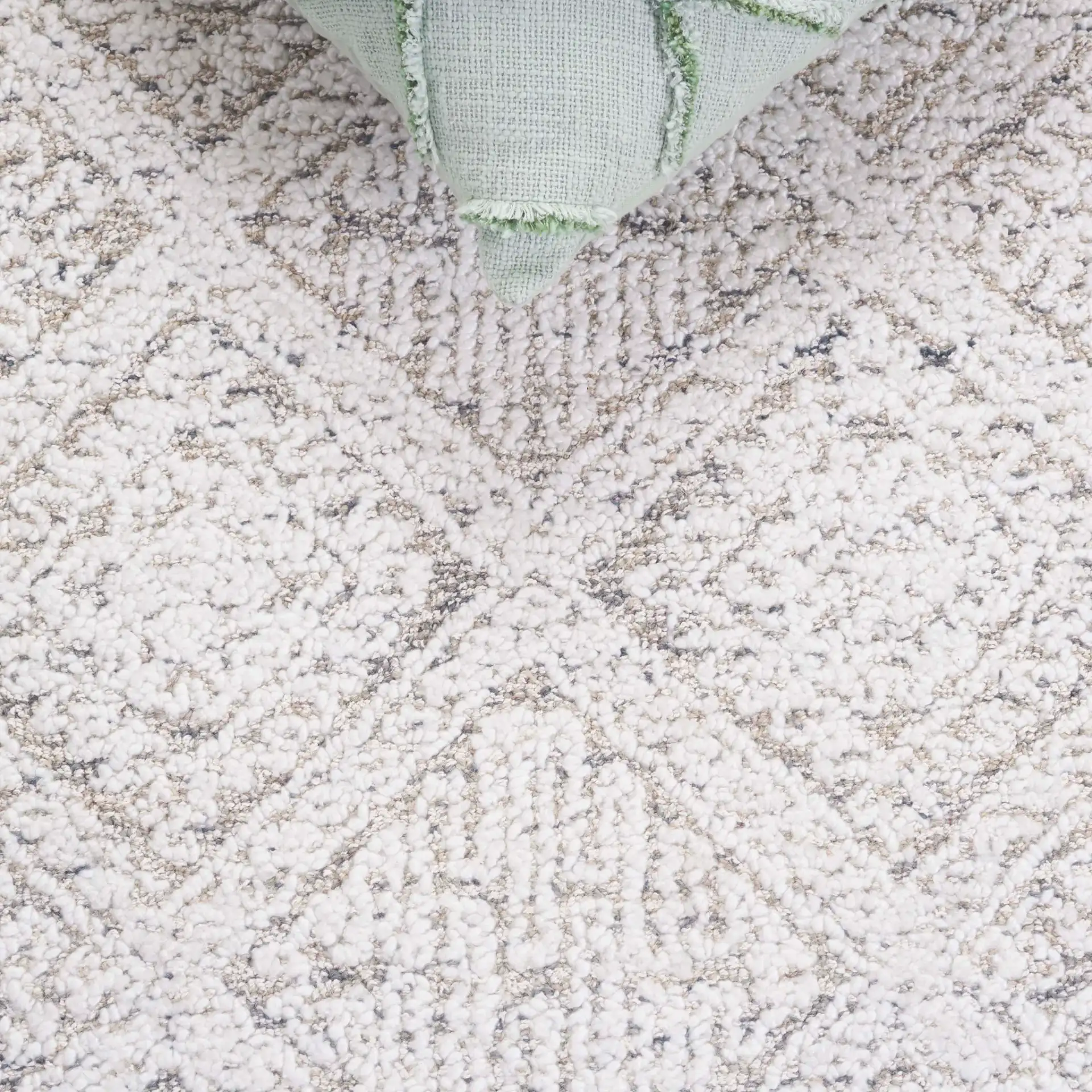 Ebony Diamond Bordered Hand-Tufted Rug in Taupe / Ivory in a styled room