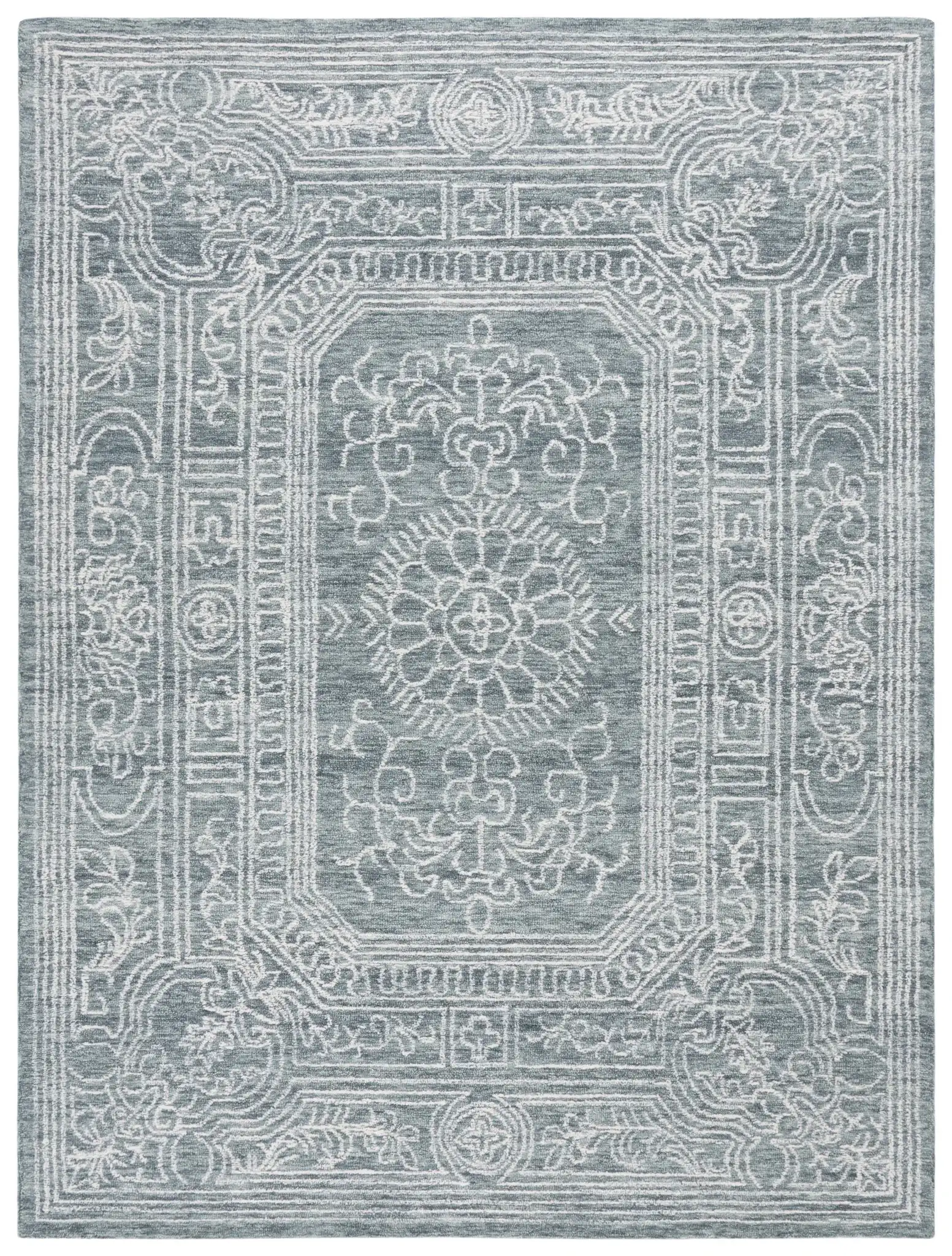 Ebony Scrollwork Bordered Hand-Tufted Wool Rug in Ivory / Dark Gray