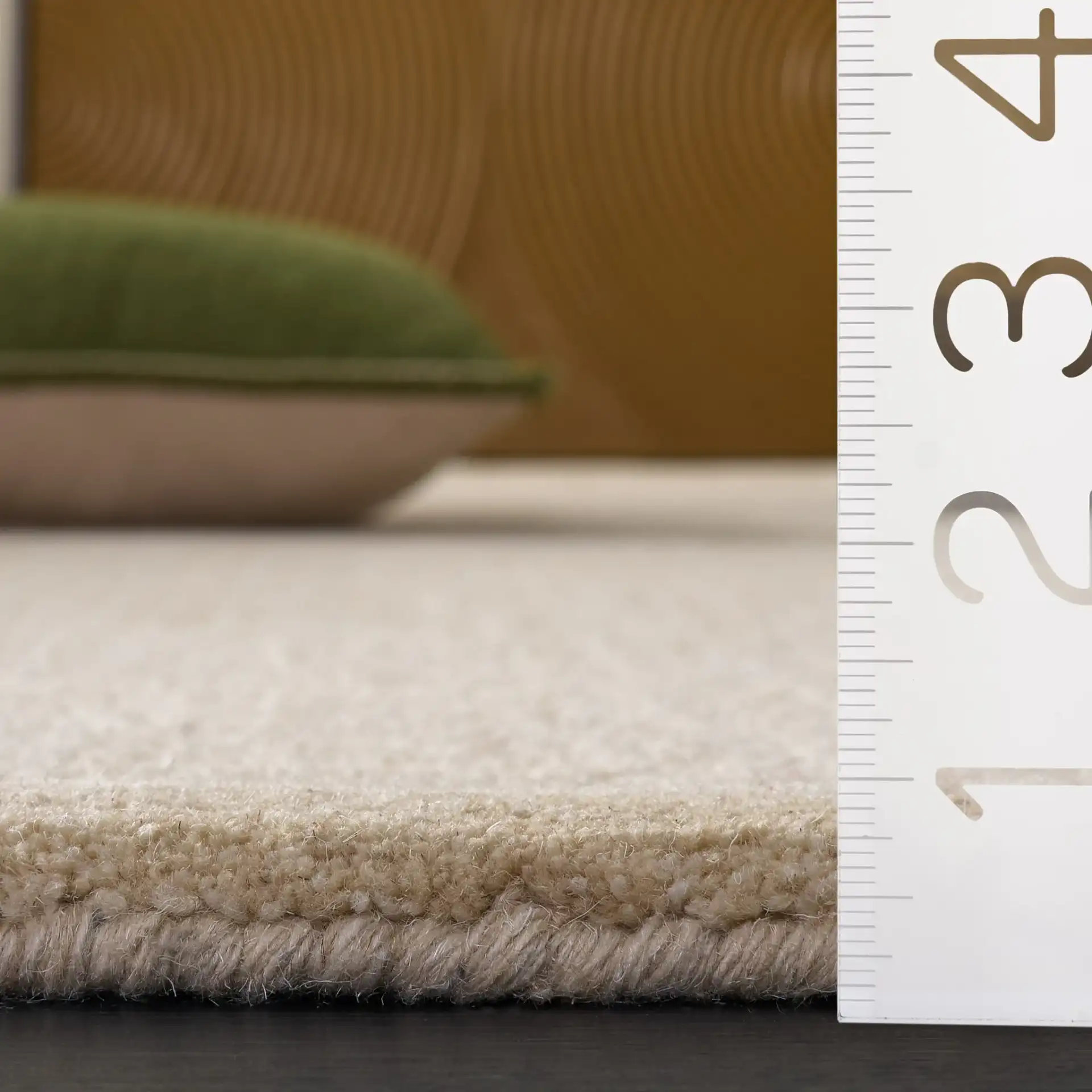 Ebony Solid Border Hand-Tufted Wool Rug in Beige in a styled room
