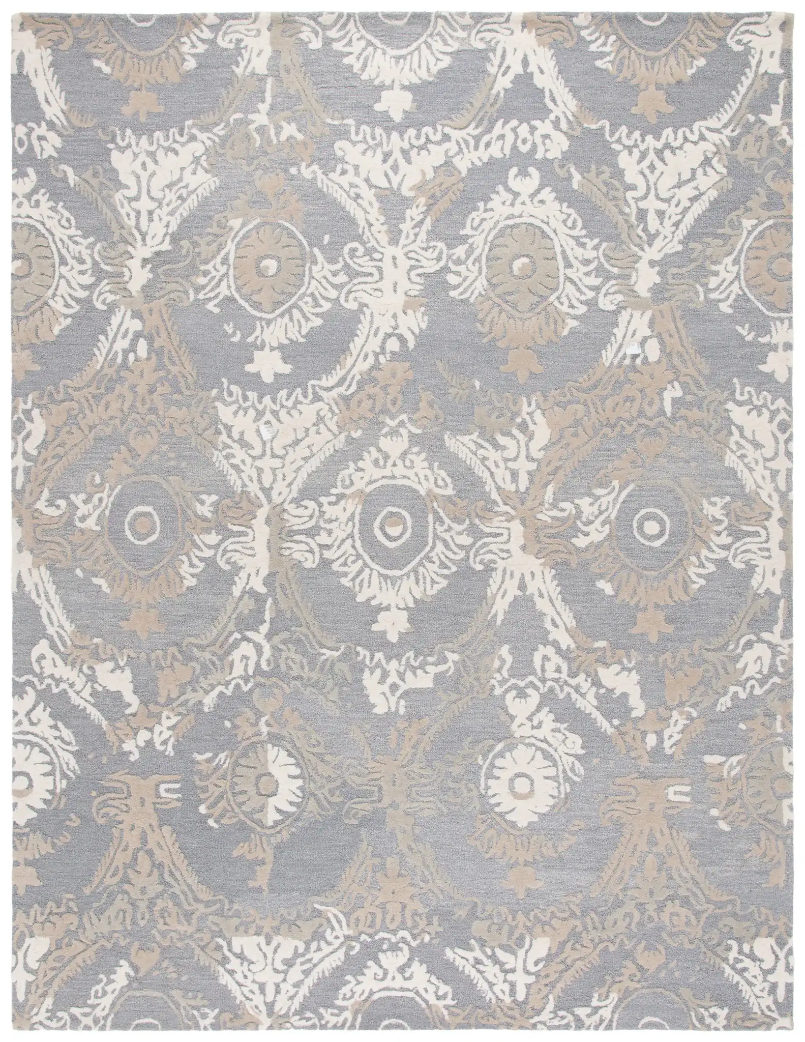 Ebony Scrolling Damask Hand-Tufted Wool Rug in Gray / Ivory