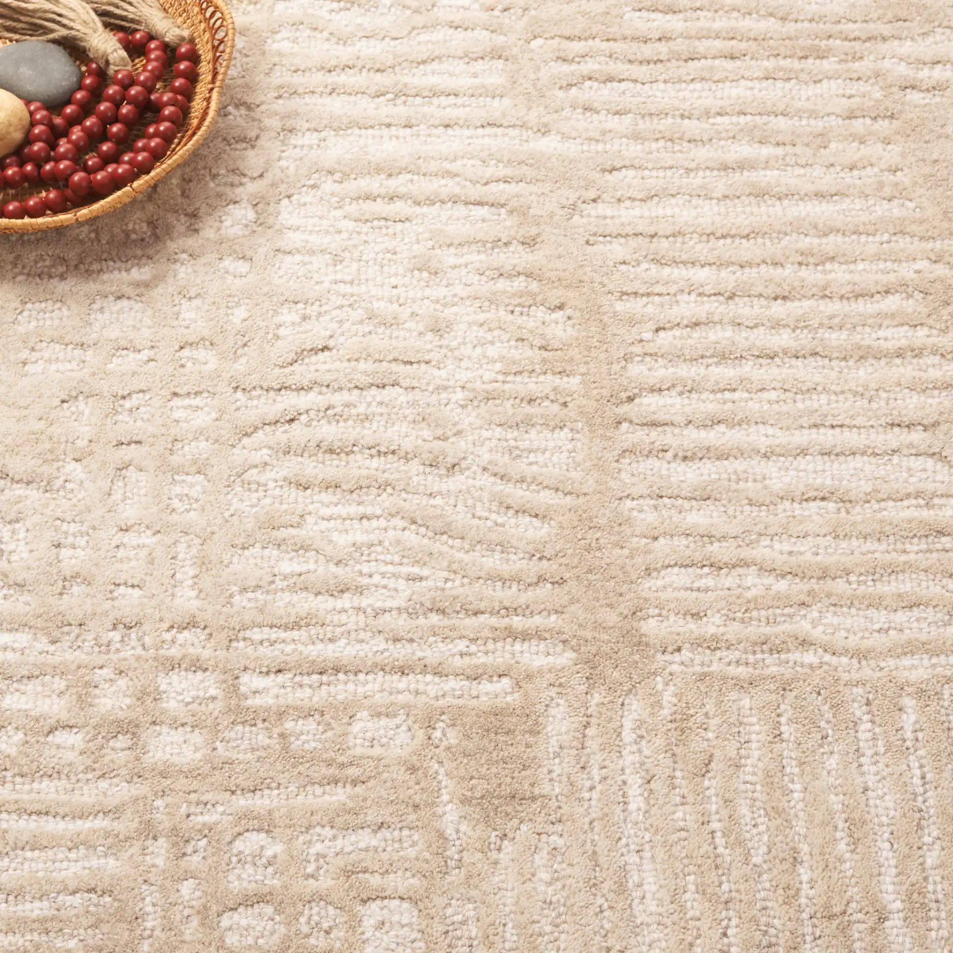 Ebony Linear Block Hand-Tufted Wool Rug in Beige / Ivory in a styled room