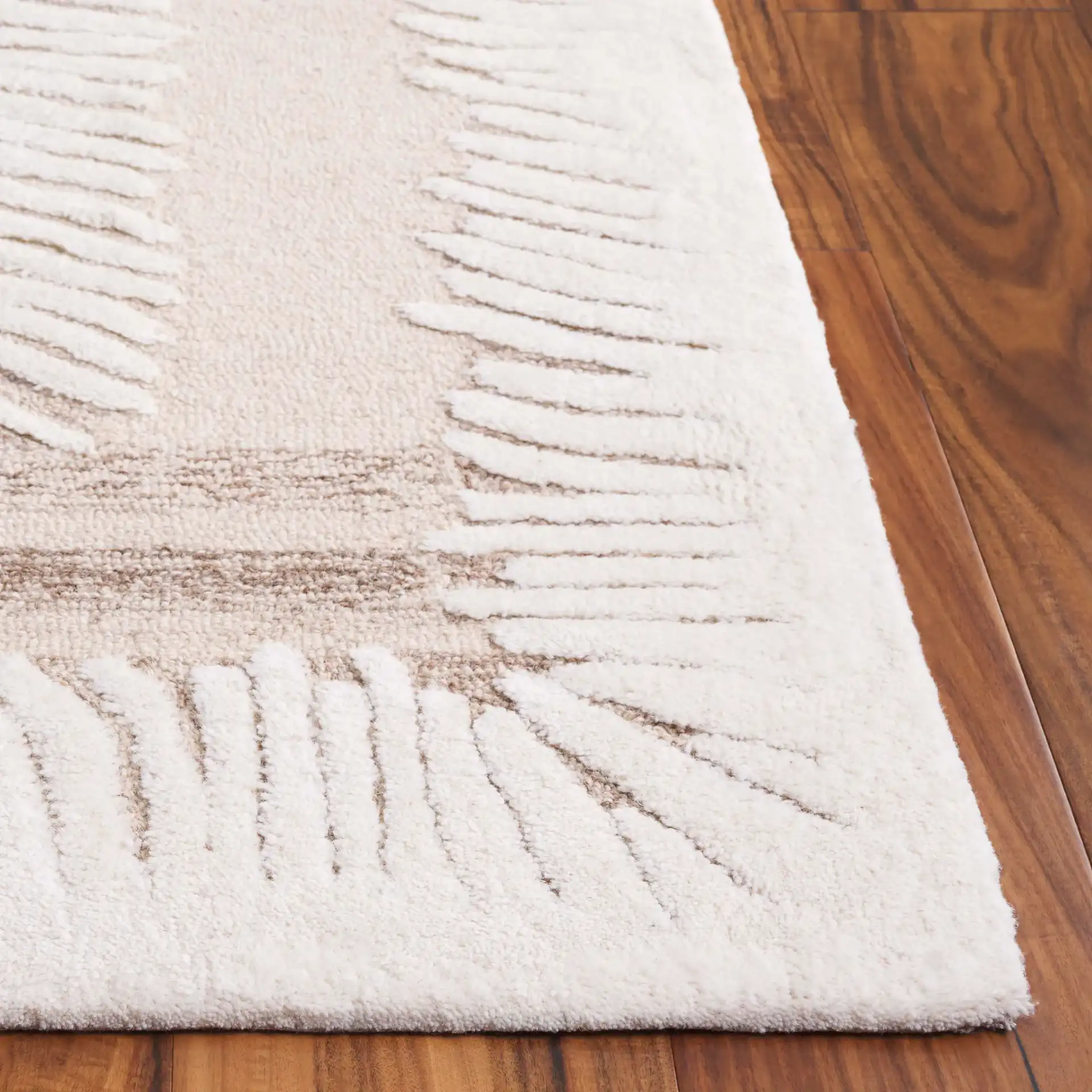 Ebony Radiating Border Hand-Tufted Wool Rug in Ivory / Brown in a styled room