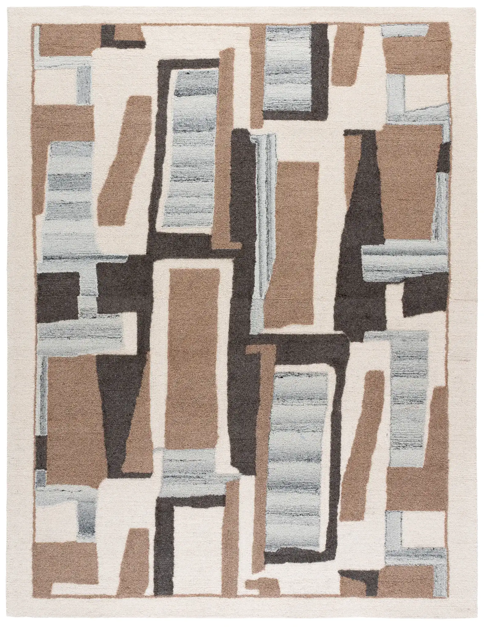 Ebony Abstract Patchwork Collage Hand-Tufted Wool Rug in Ivory / Brown