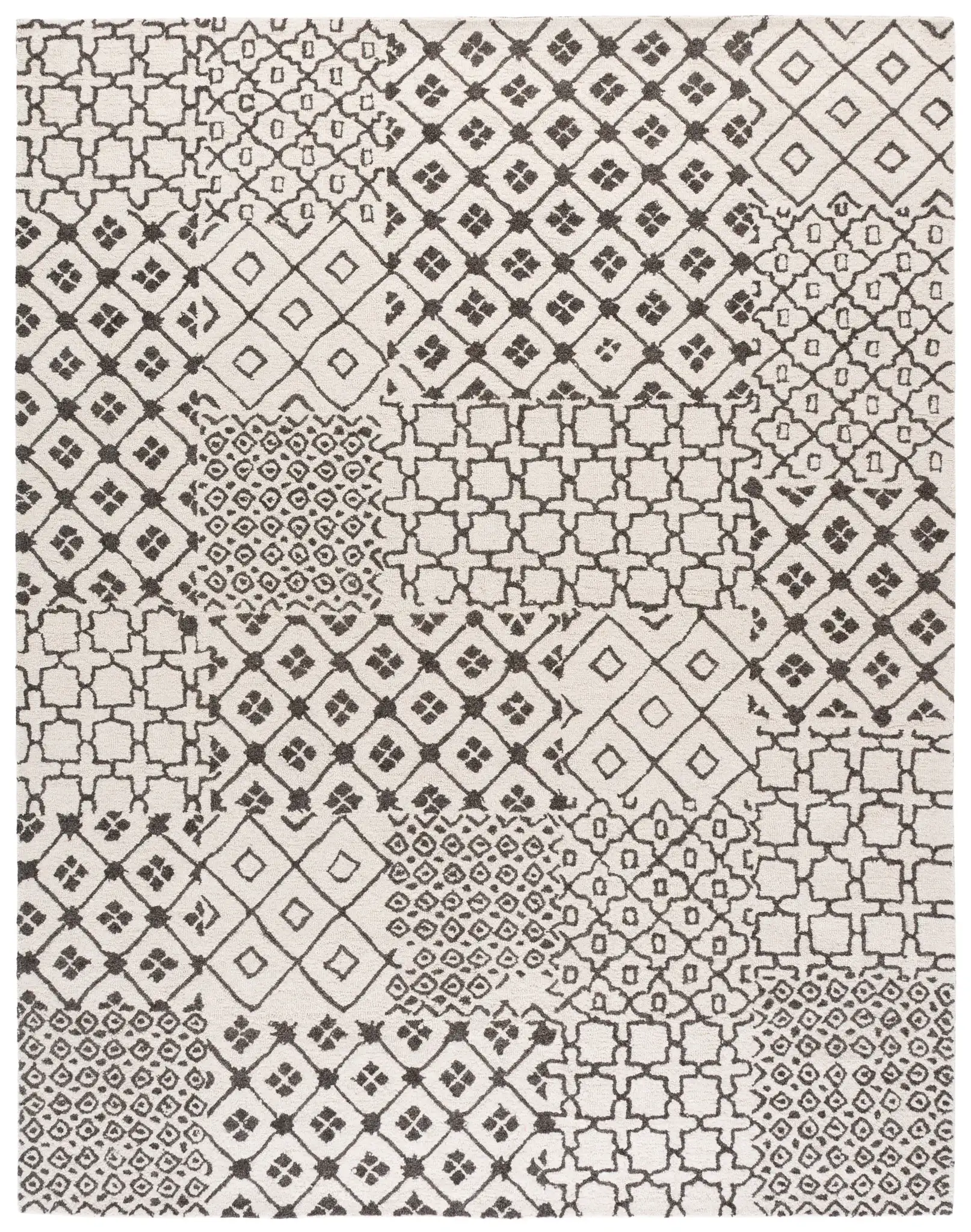 Ebony Tribal Patchwork Hand-Tufted Wool Rug in Ivory / Gray