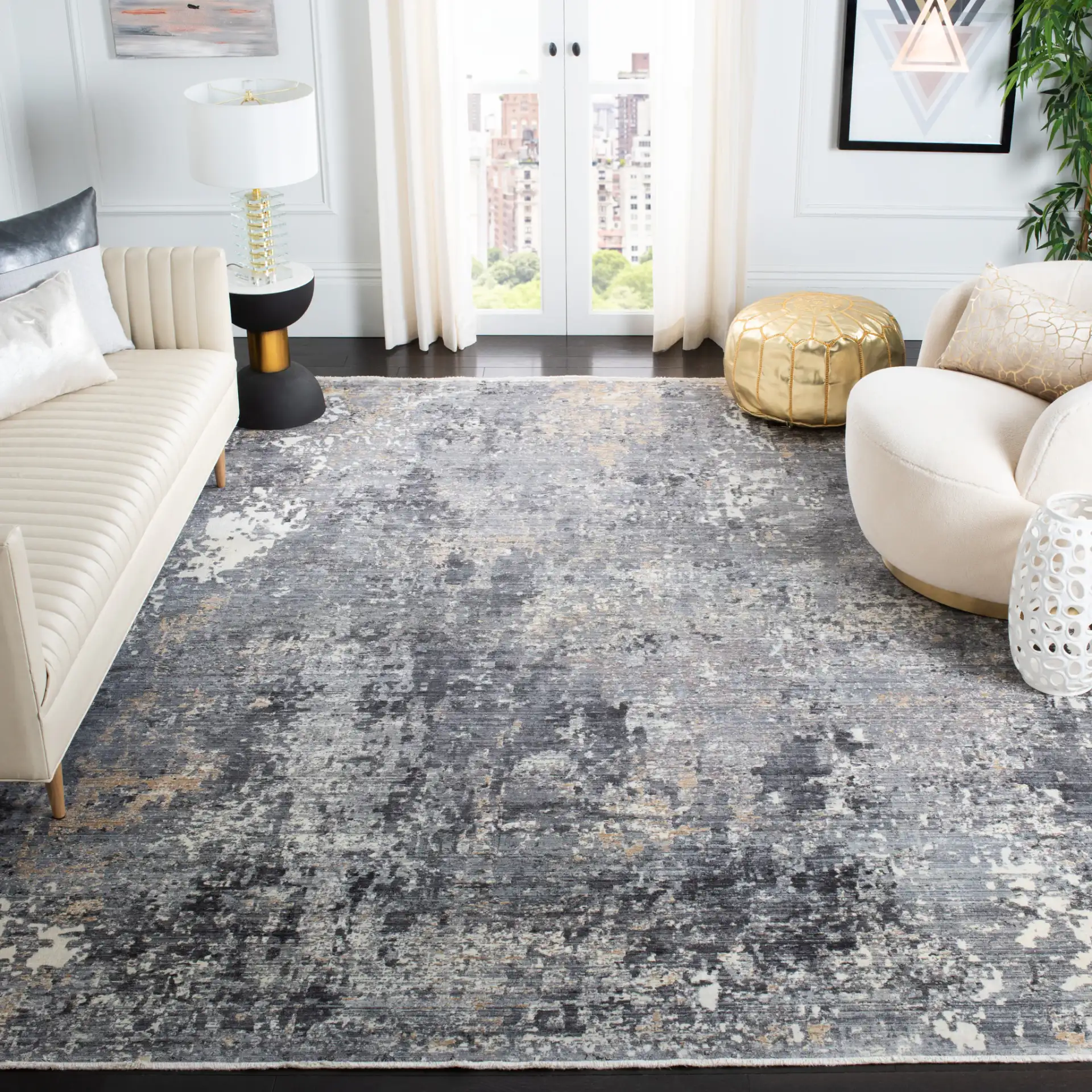 Eclipse Distressed Abstract Rug in Gray / Beige in a styled room