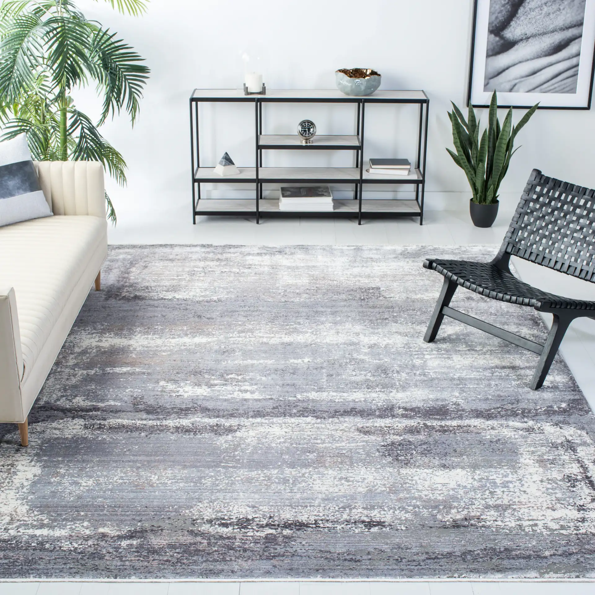 Eclipse Abstract Blocks Rug in Charcoal / Gray in a styled room