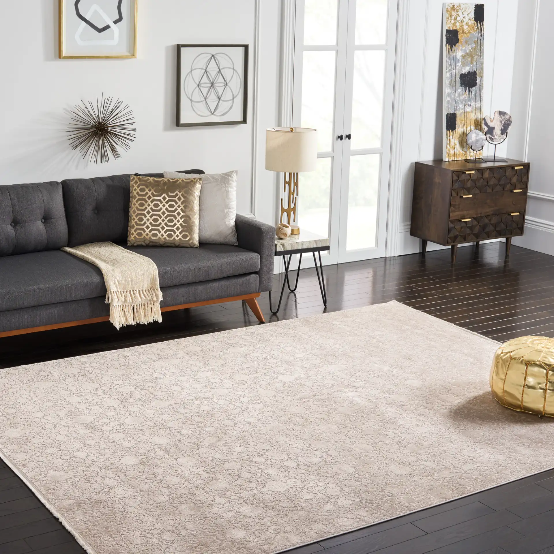 Eclipse Faded Floral Rug in Beige / Light Gray in a styled room