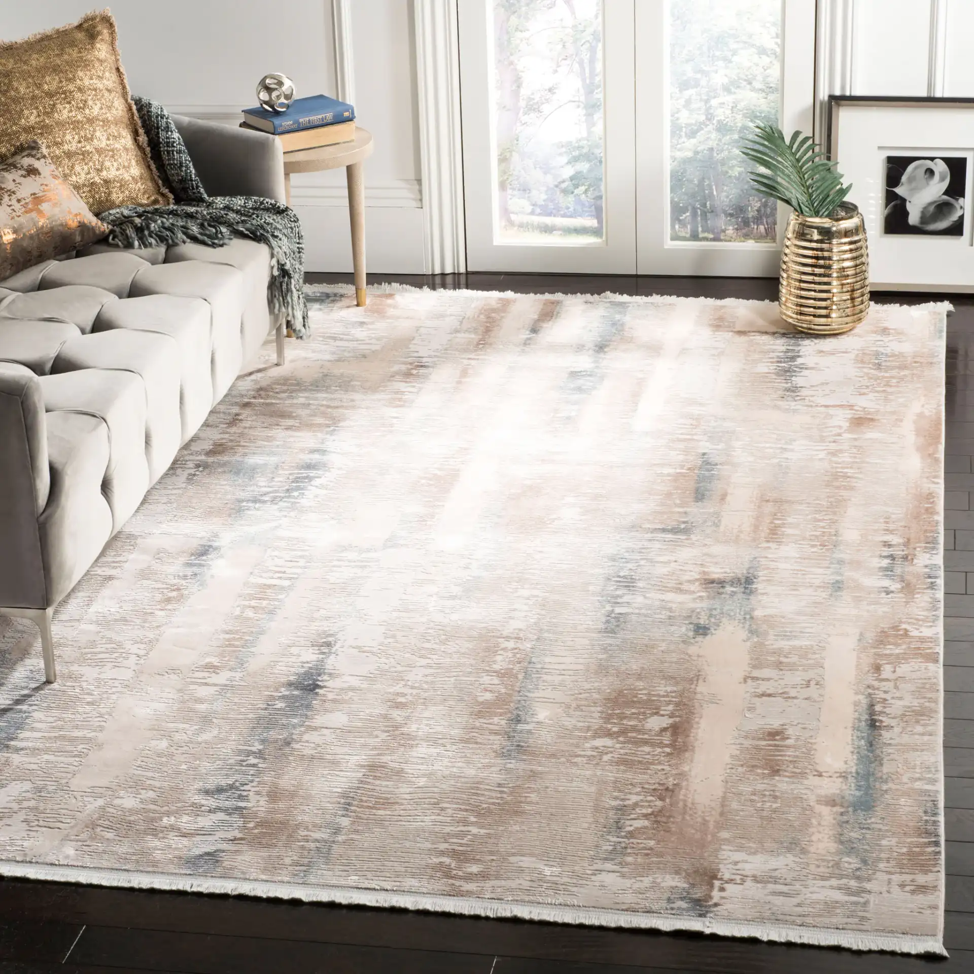 Eclipse Abstract Stripe Rug in Beige / Cream in a styled room