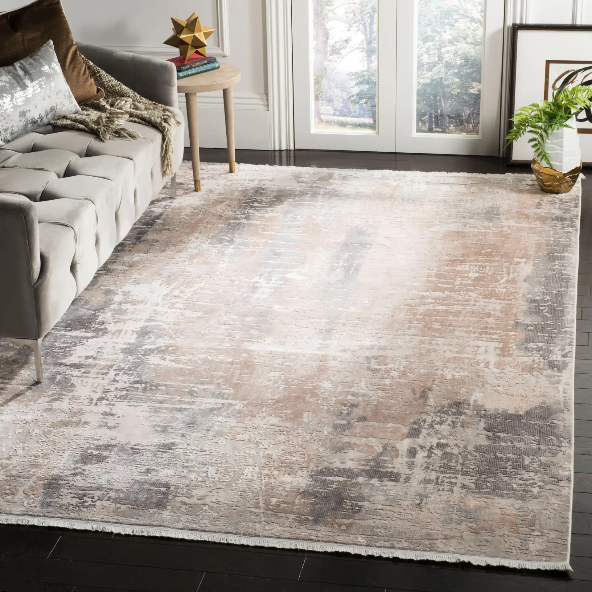 Eclipse Abstract Rug in Beige / Brown in a styled room