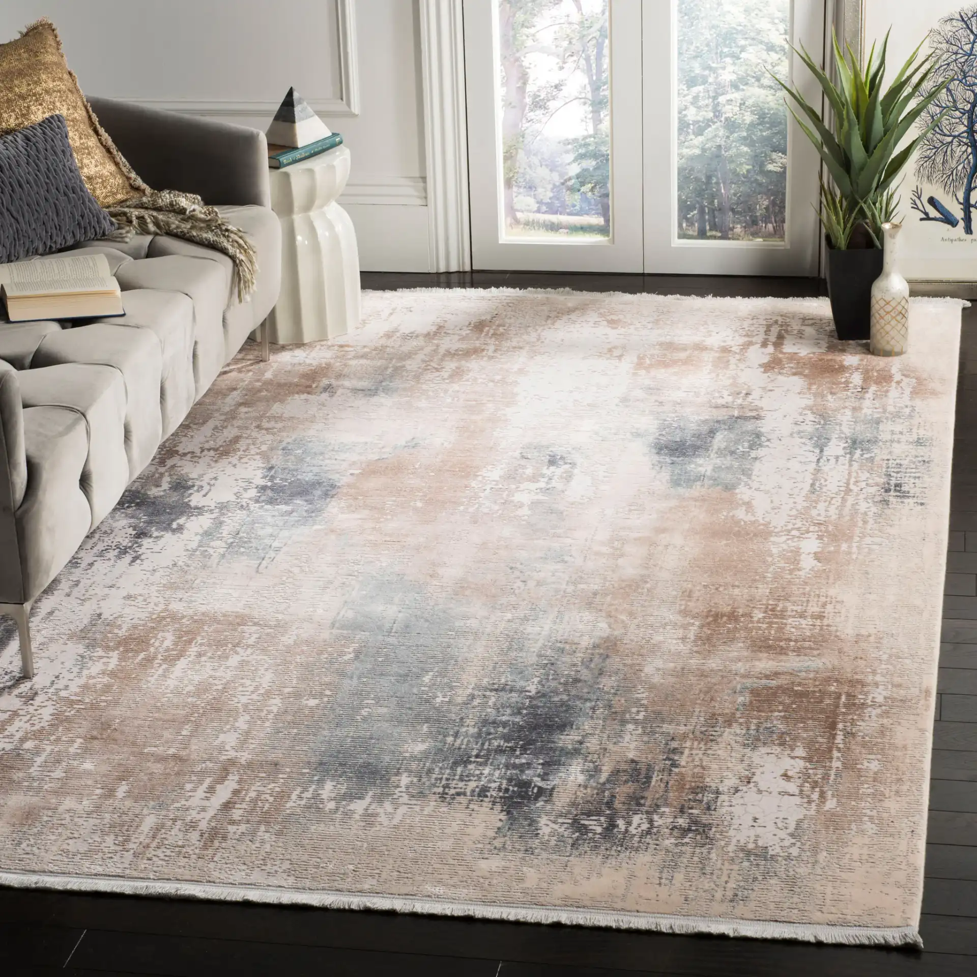 Eclipse Abstract Block Rug in Beige / Blue in a styled room