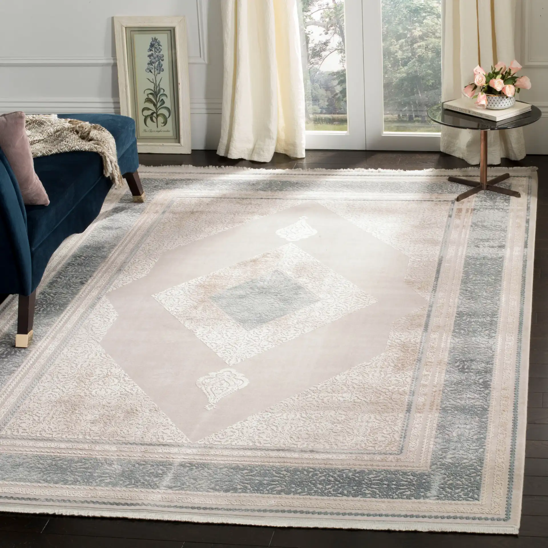 Eclipse Diamond Medallion Rug in Beige / Gray in a styled room