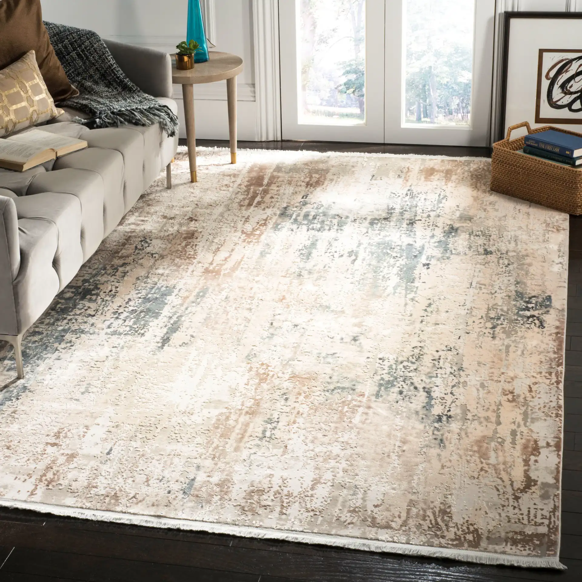 Eclipse Dappled Abstract Rug in Beige / Gray in a styled room