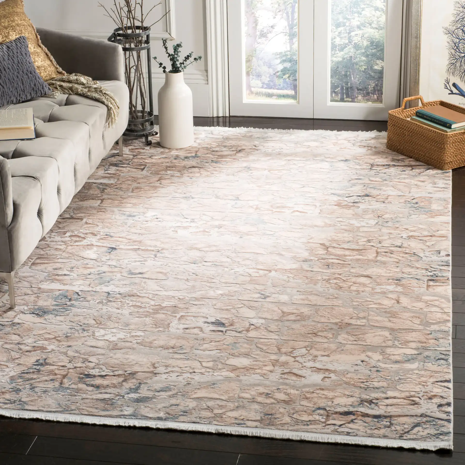 Eclipse Stone Wall Rug in Beige / Light Gray in a styled room